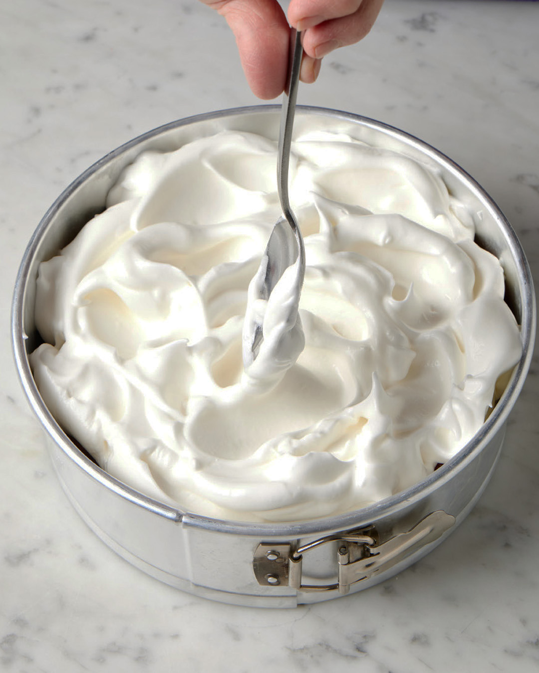 9. Using the back of a large spoon, spread the meringue to cover the surface of the cake and to create peaks and swirls. Bake until the meringue is light golden brown, 15 to 18 minutes.