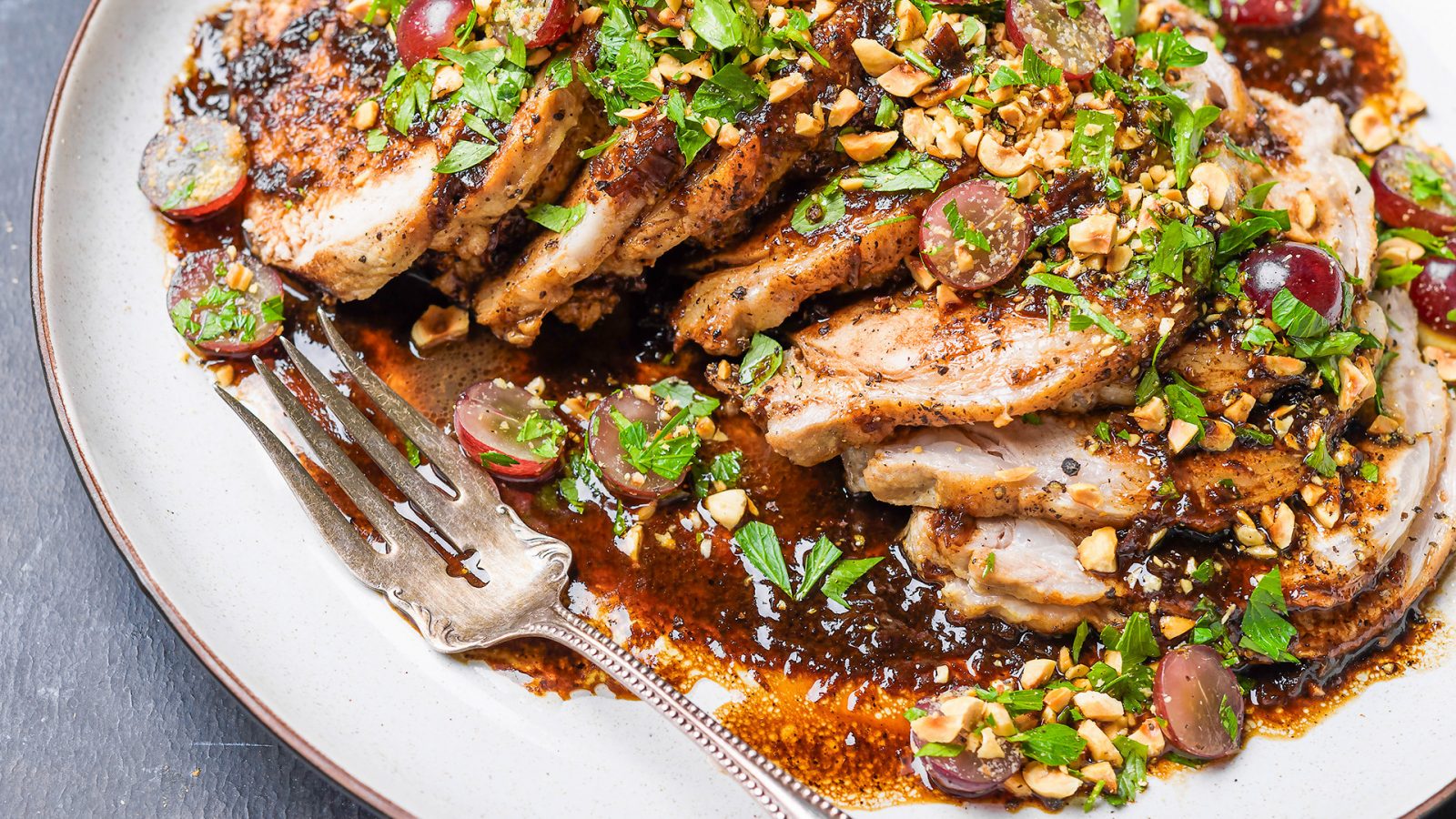 Agrodolce Pork Loin Grapes Parsley Hazelnuts FB