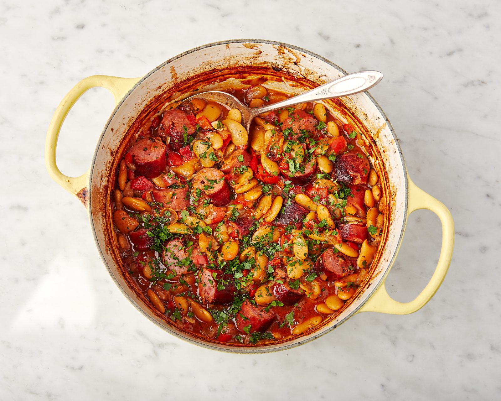 Baked White Beans Sausages Paprika Onions Sweet Peppers