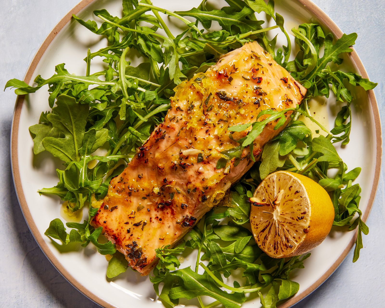 Broiled Lemon Garlic Salmon Arugula