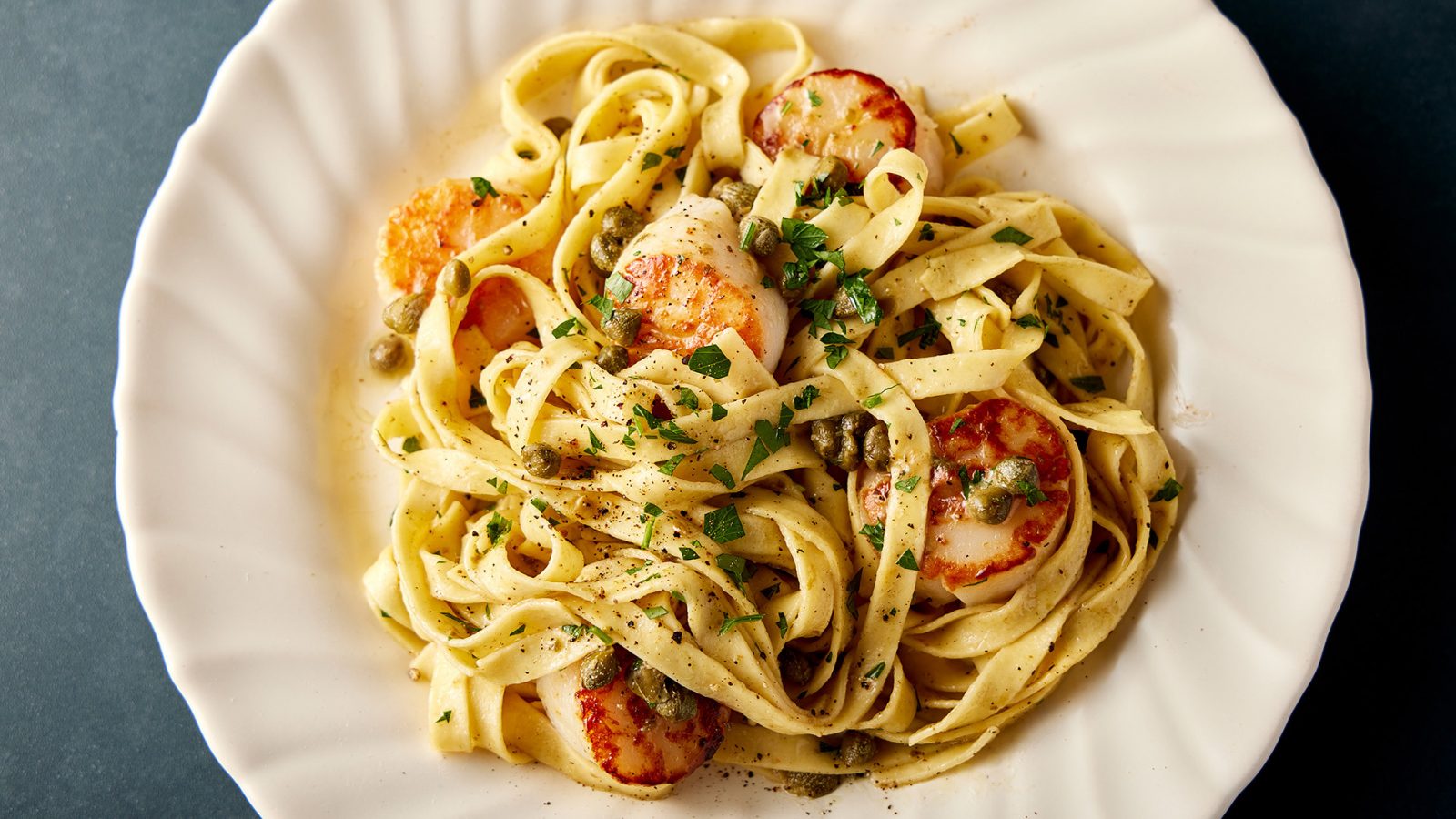 Butter Basted Scallops Lemon Capers Fettuccine FB