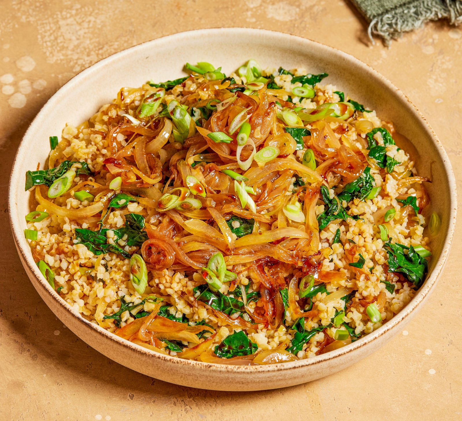 Caramelized Onion Bulgur Greens Pomegranate Molasses