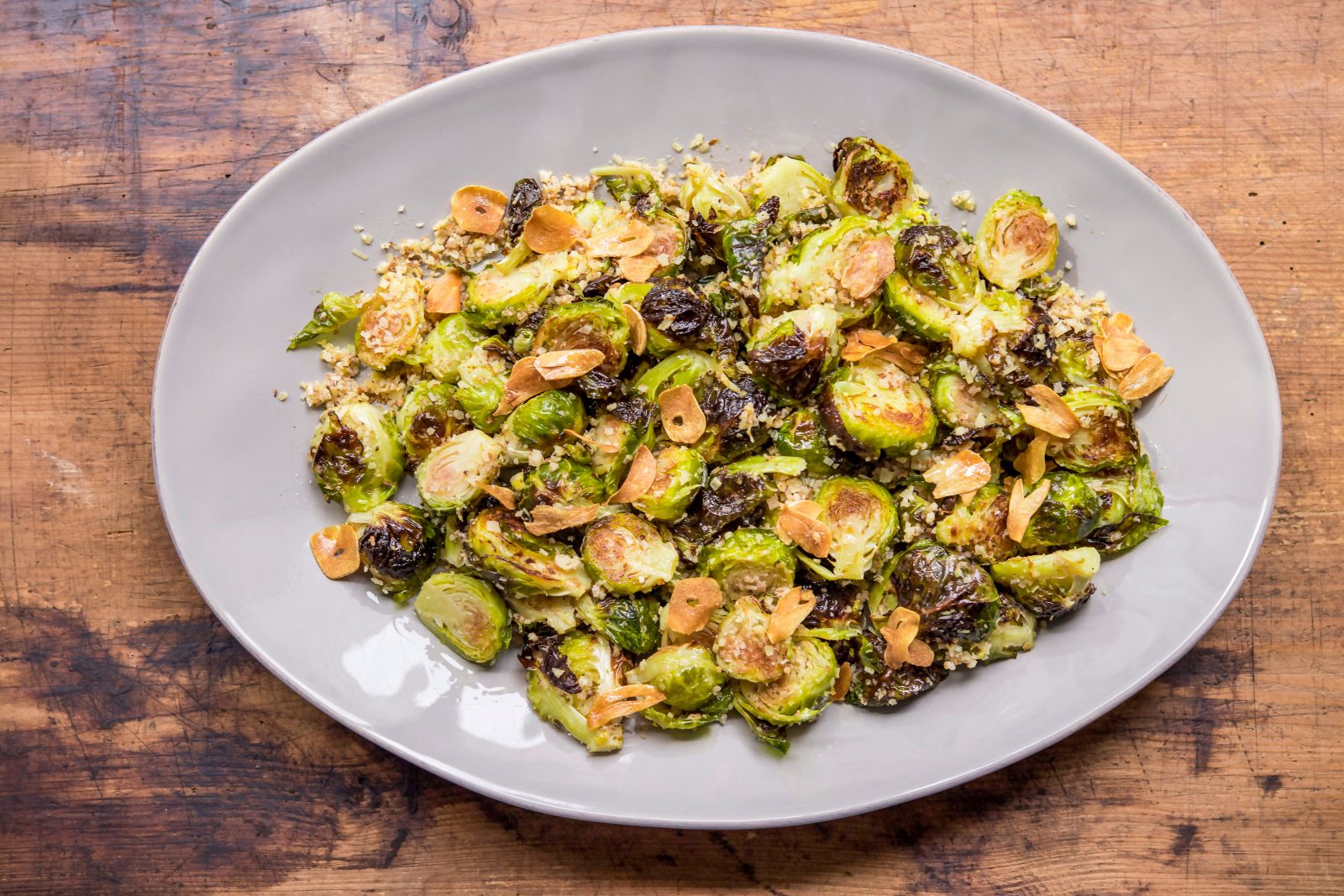 Charred Brussels Sprouts Garlic Chips