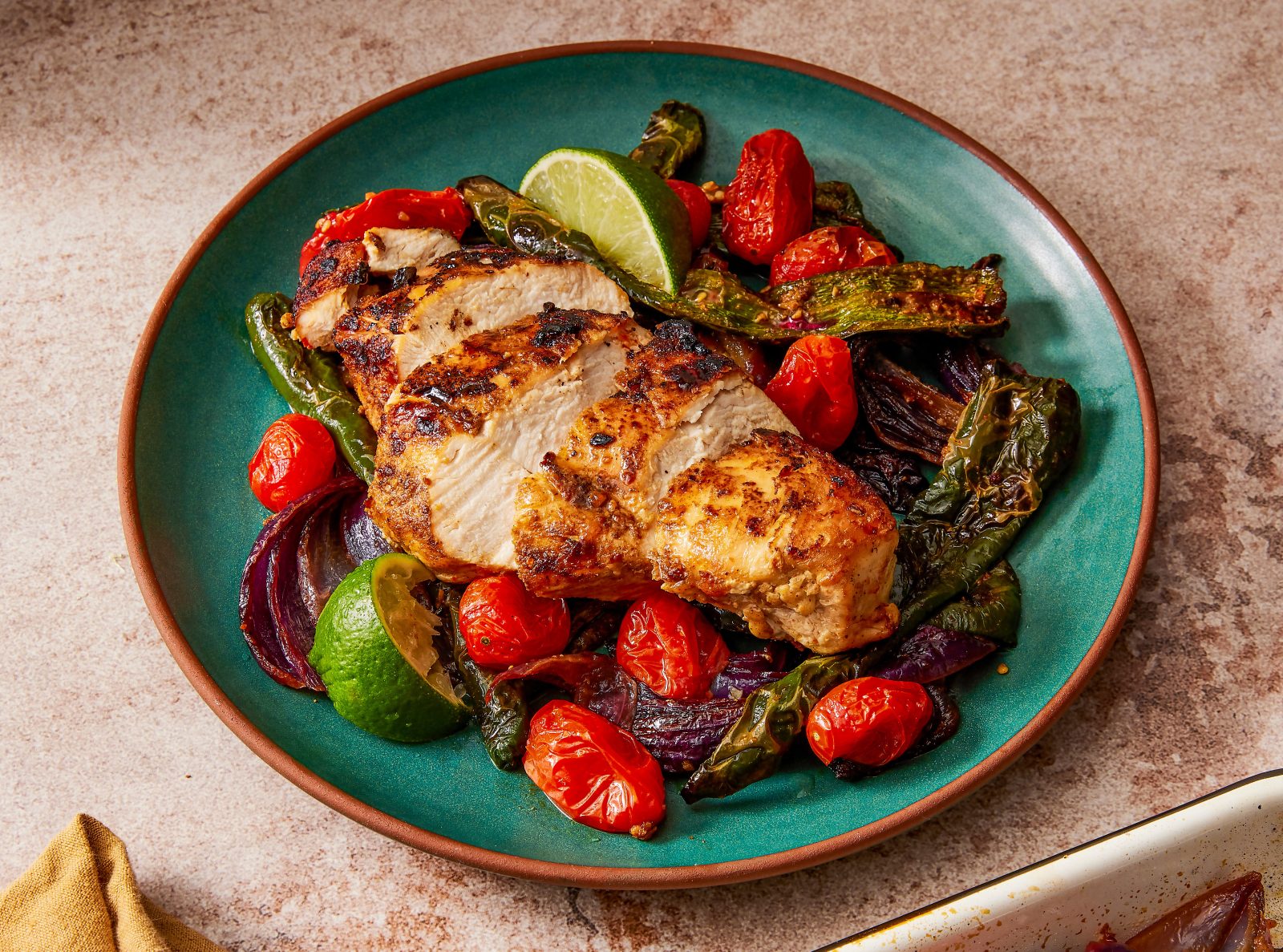 Chicken Traybake Poblano Chilies Tomatoes Onions