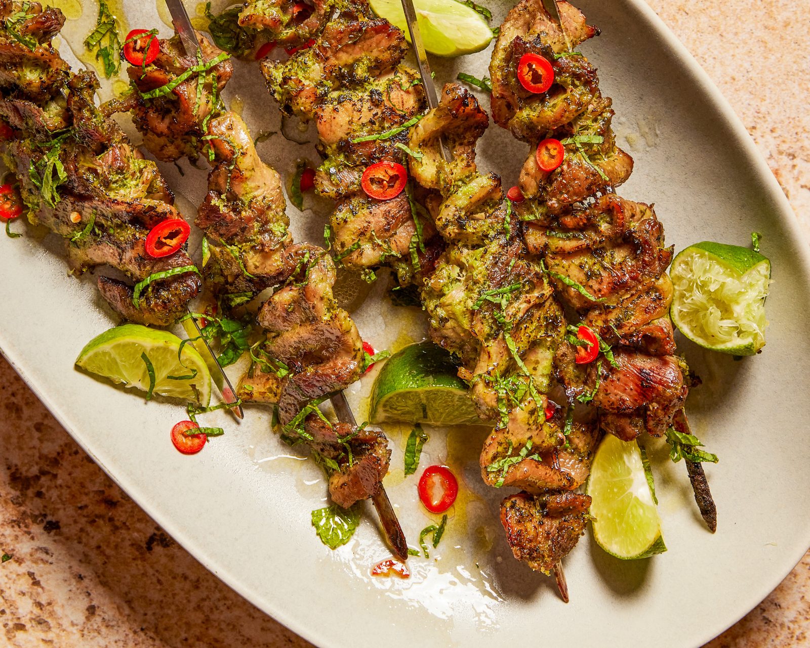 Cilantro Garlic Lime Marinated Pork Skewers