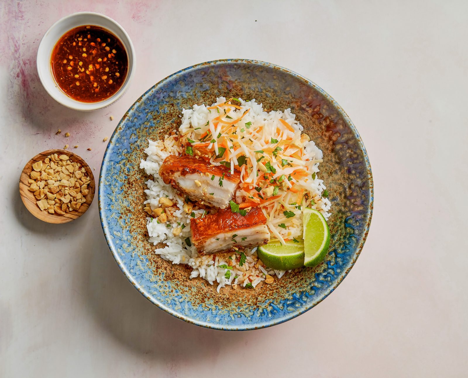 Crisp Skin Pork Belly Rice Bowls Pickled Vegetables