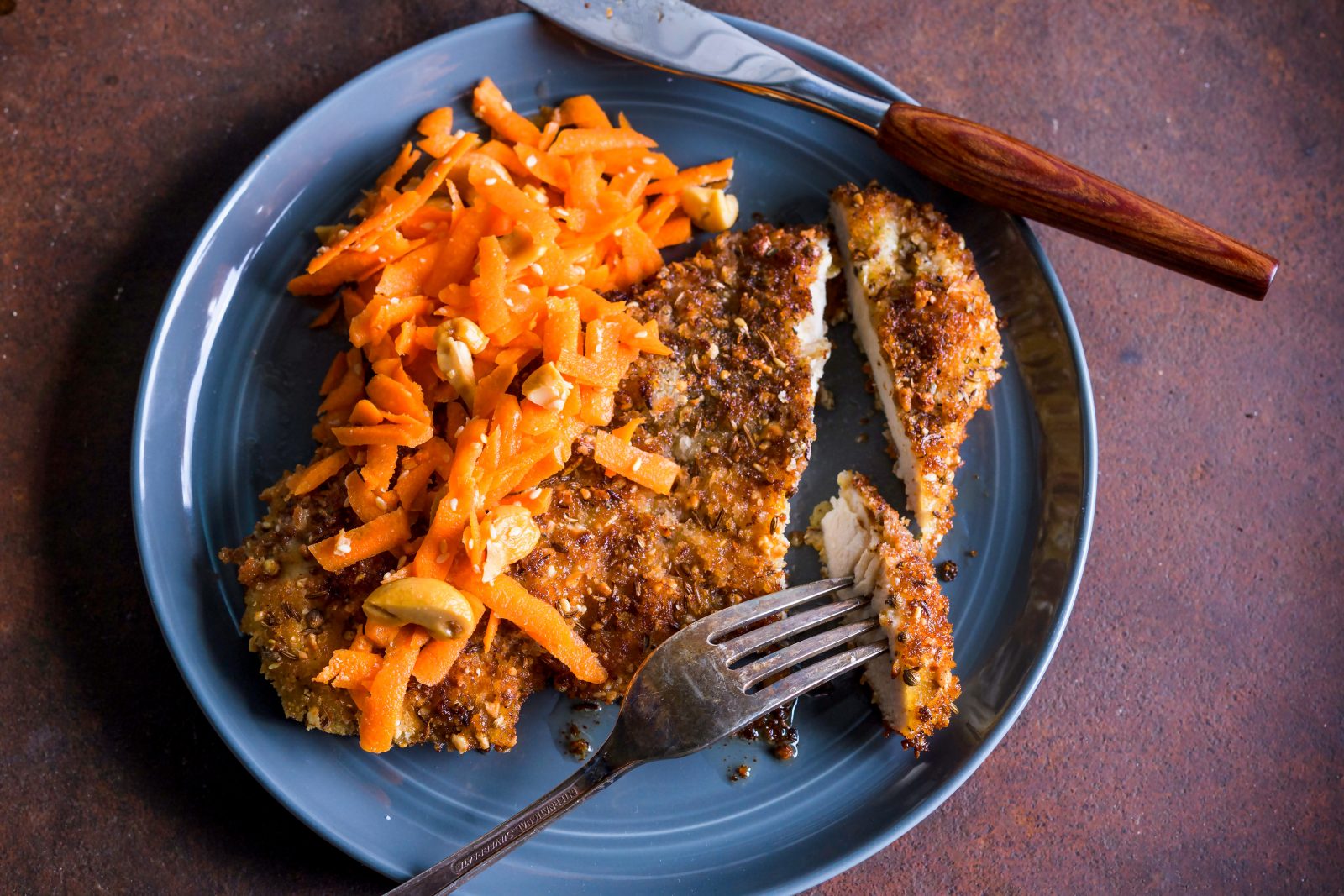 Dukkah Crusted Chicken Cutlets Carrot Cashew Salad