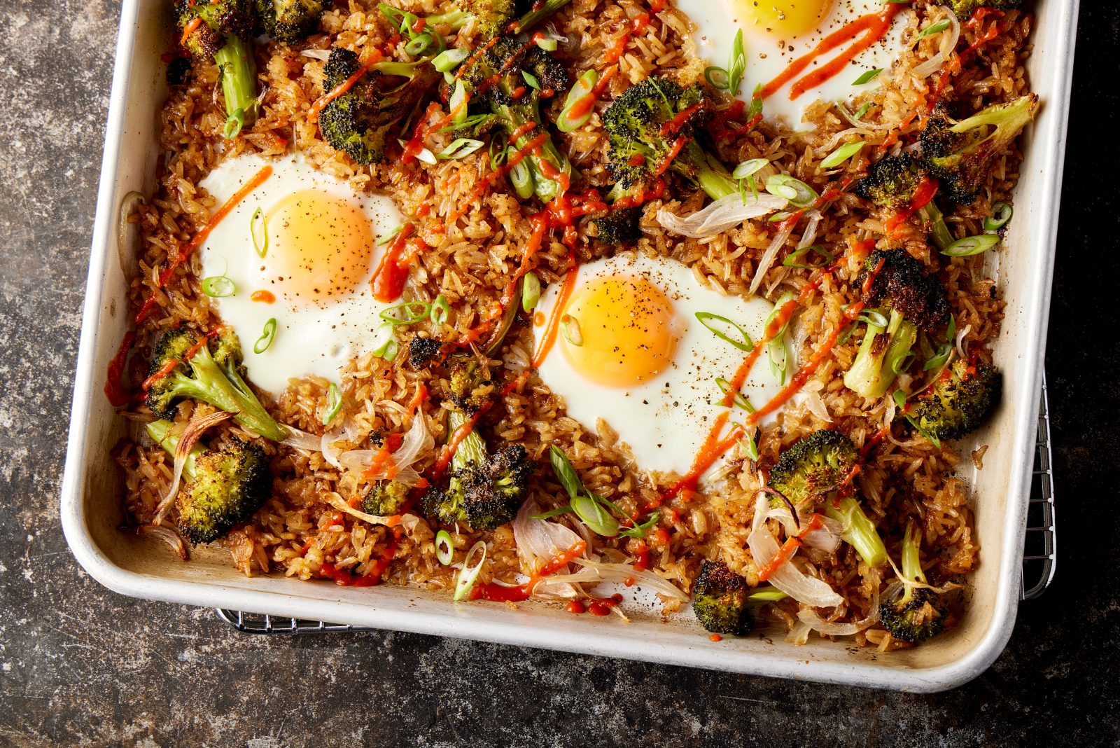 Egg Topped Oven Fried Rice Broccoli Oyster Sauce