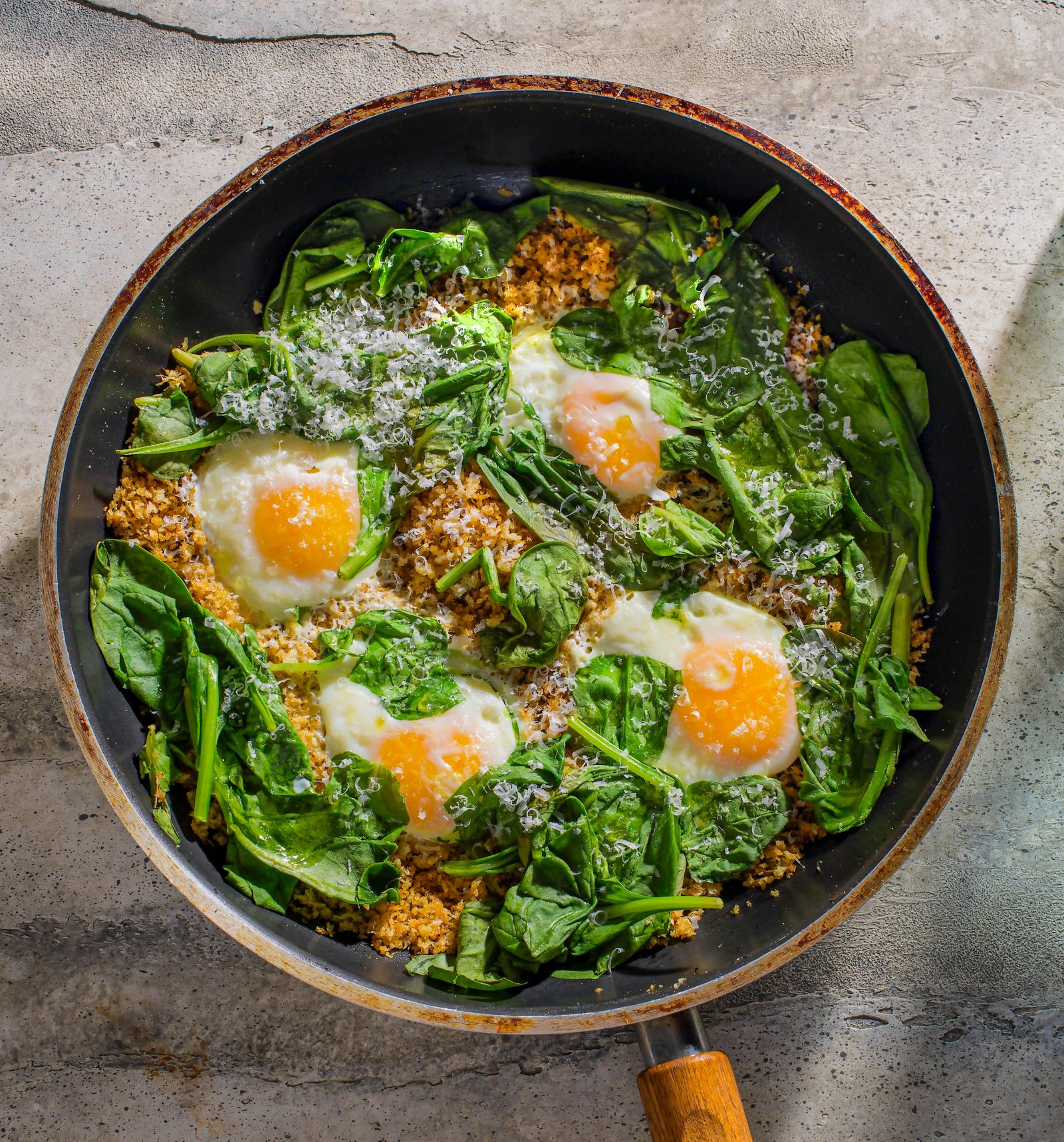 Eggs Fried Parmesan Breadcrumbs Wilted Spinach