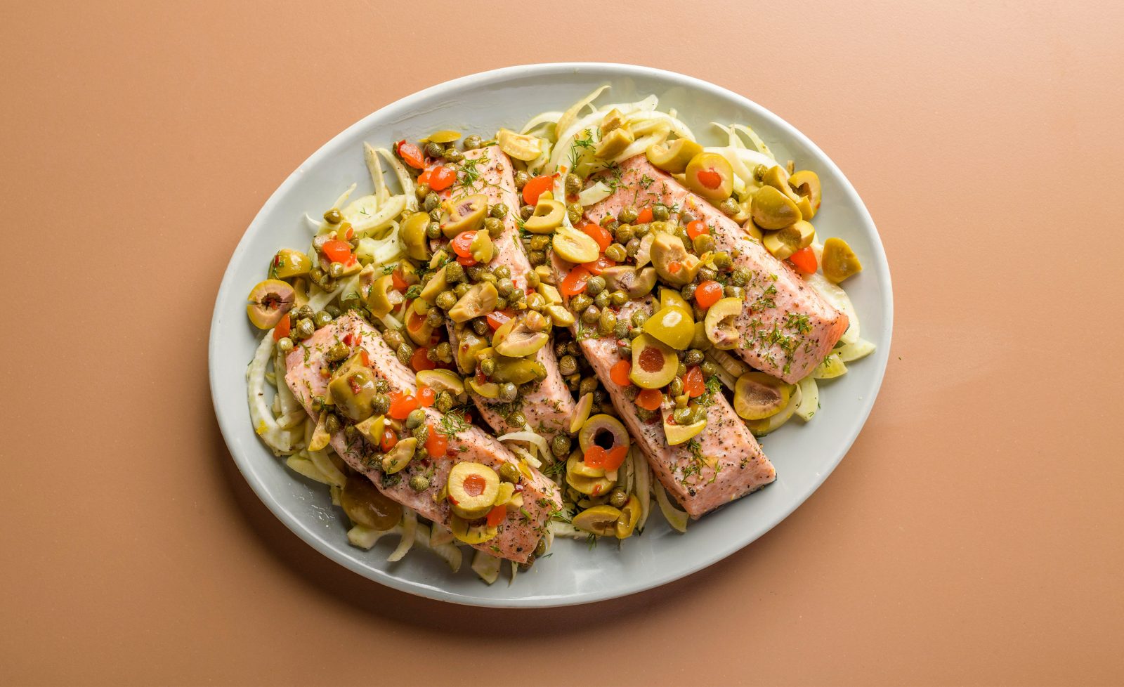 Fennel Steamed Salmon Warm Olive Caper Vinaigrette