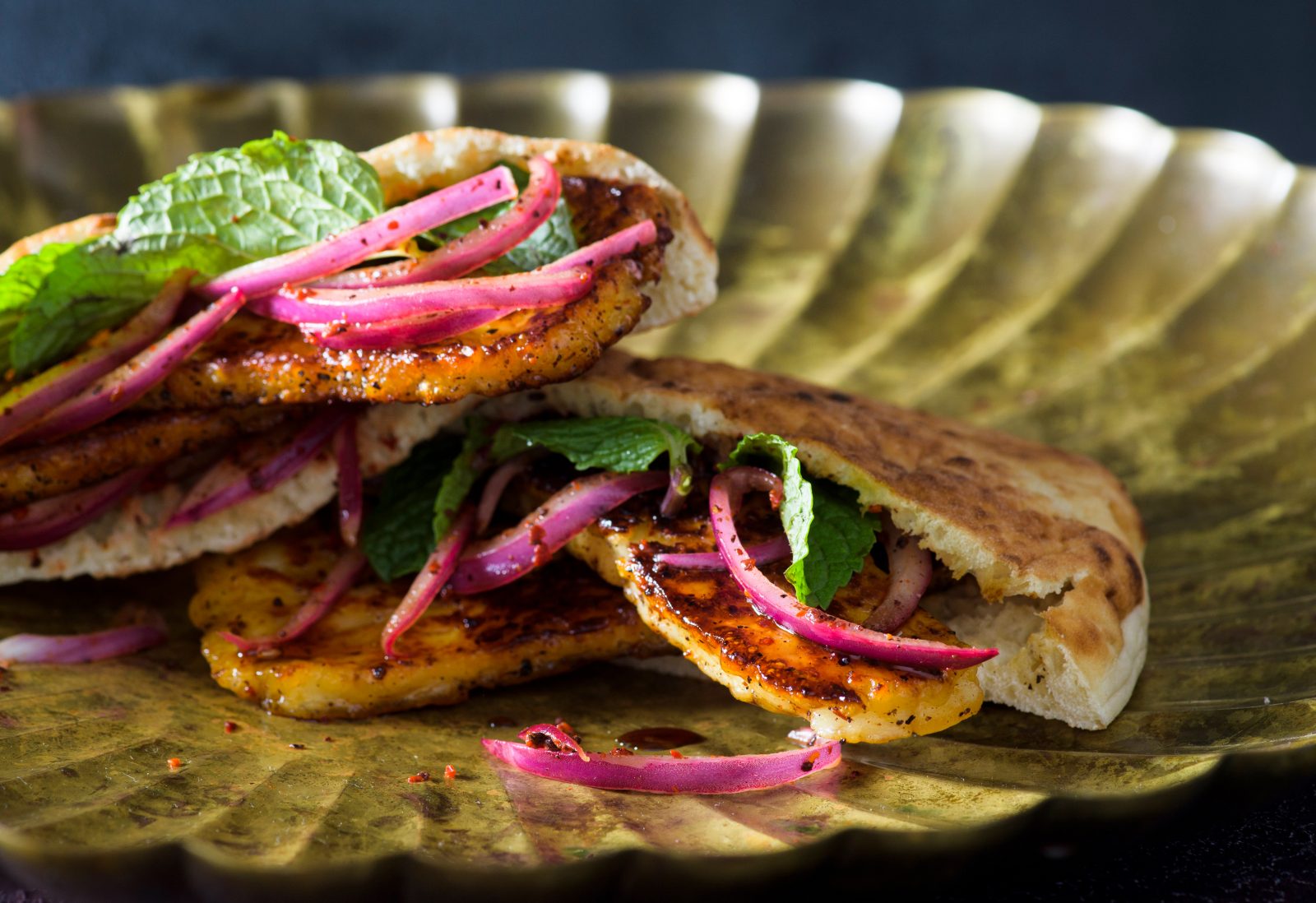 Fried Halloumi Sandwich Pickled Onion Pomegranate Molasses
