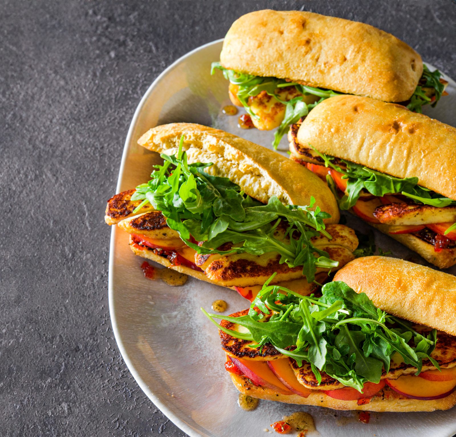 Fried Halloumi Sandwiches Peaches Arugula Honey