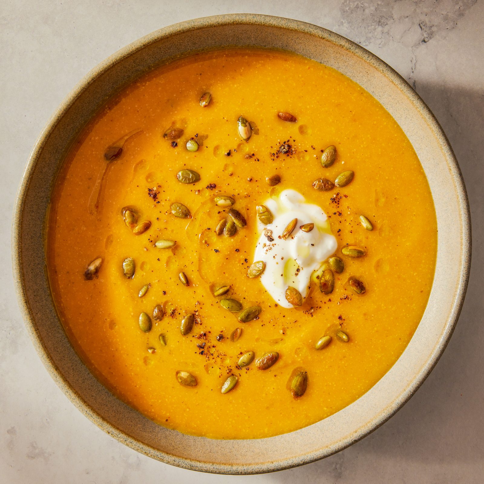 Harissa Spiced Butternut Squash Soup Toasted Pumpkin Seeds