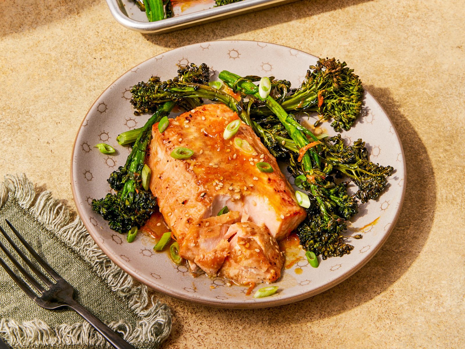 Honey Miso Salmon Broccolini Traybake