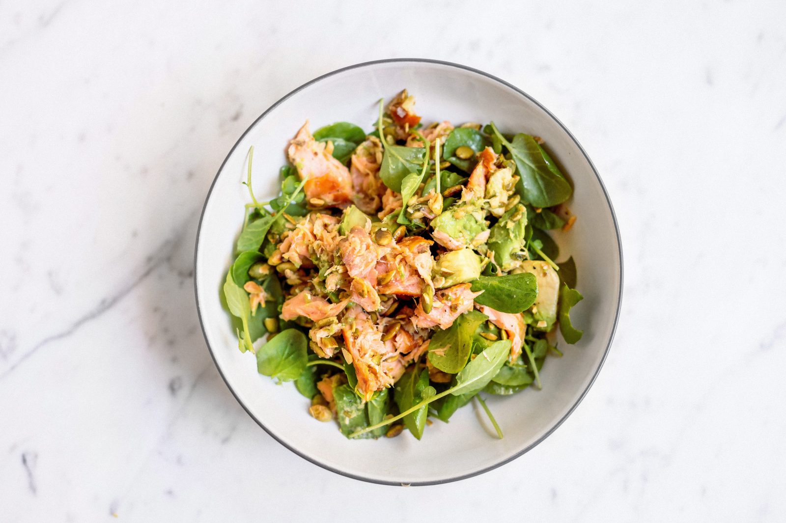 Hot Smoked Salmon Salad Arugula Avocado Pumpkin Seeds