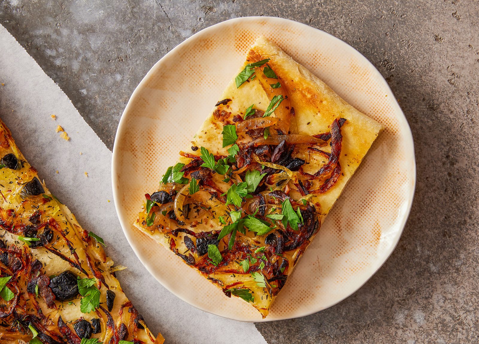 Inverted Pizza Olives Anchovies Caramelized Onions
