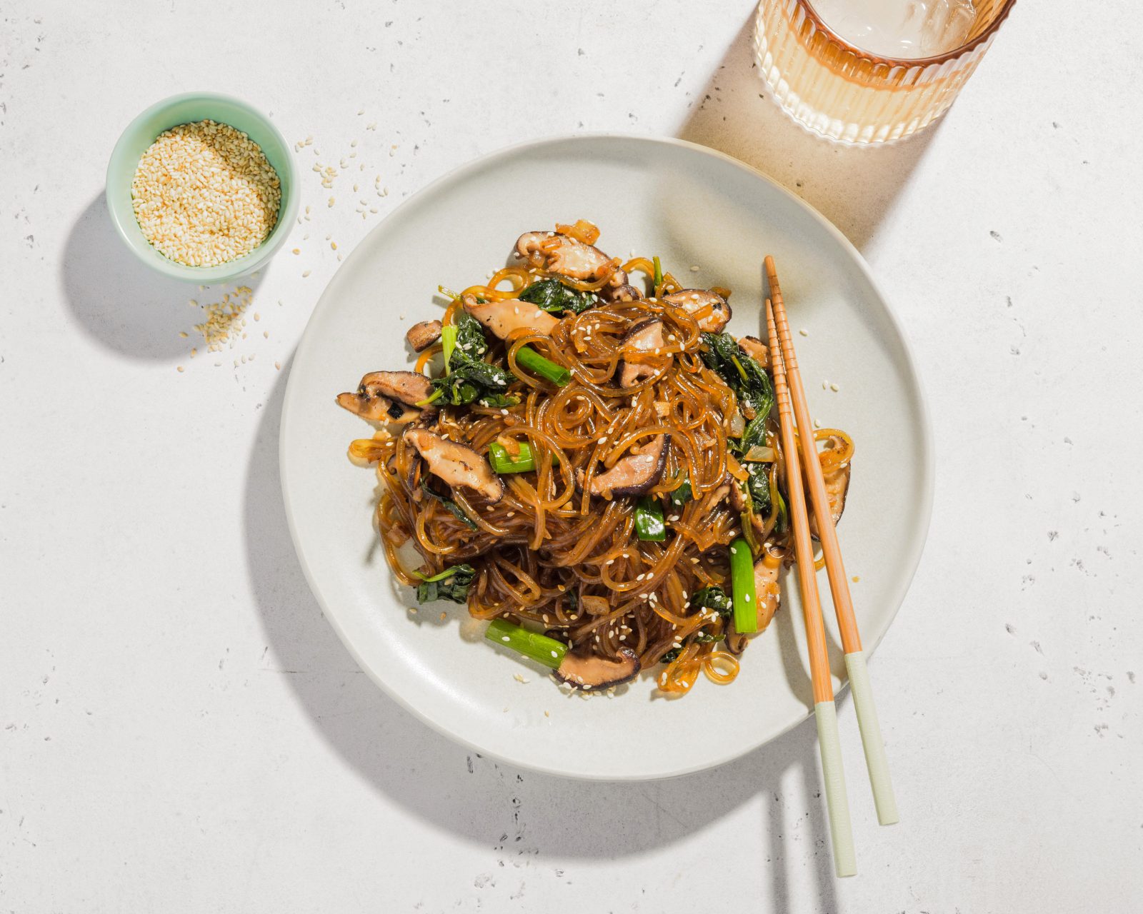 Korean Stir Fried Noodles Mushrooms Spinach Chap Chae