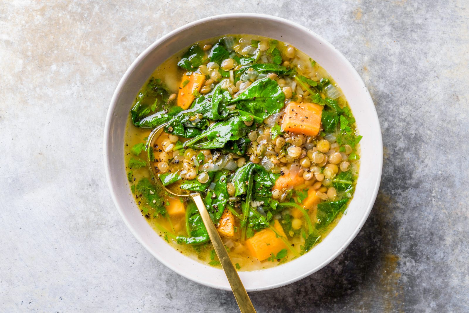Lemony Lentil Kale Soup Sweet Potatoes