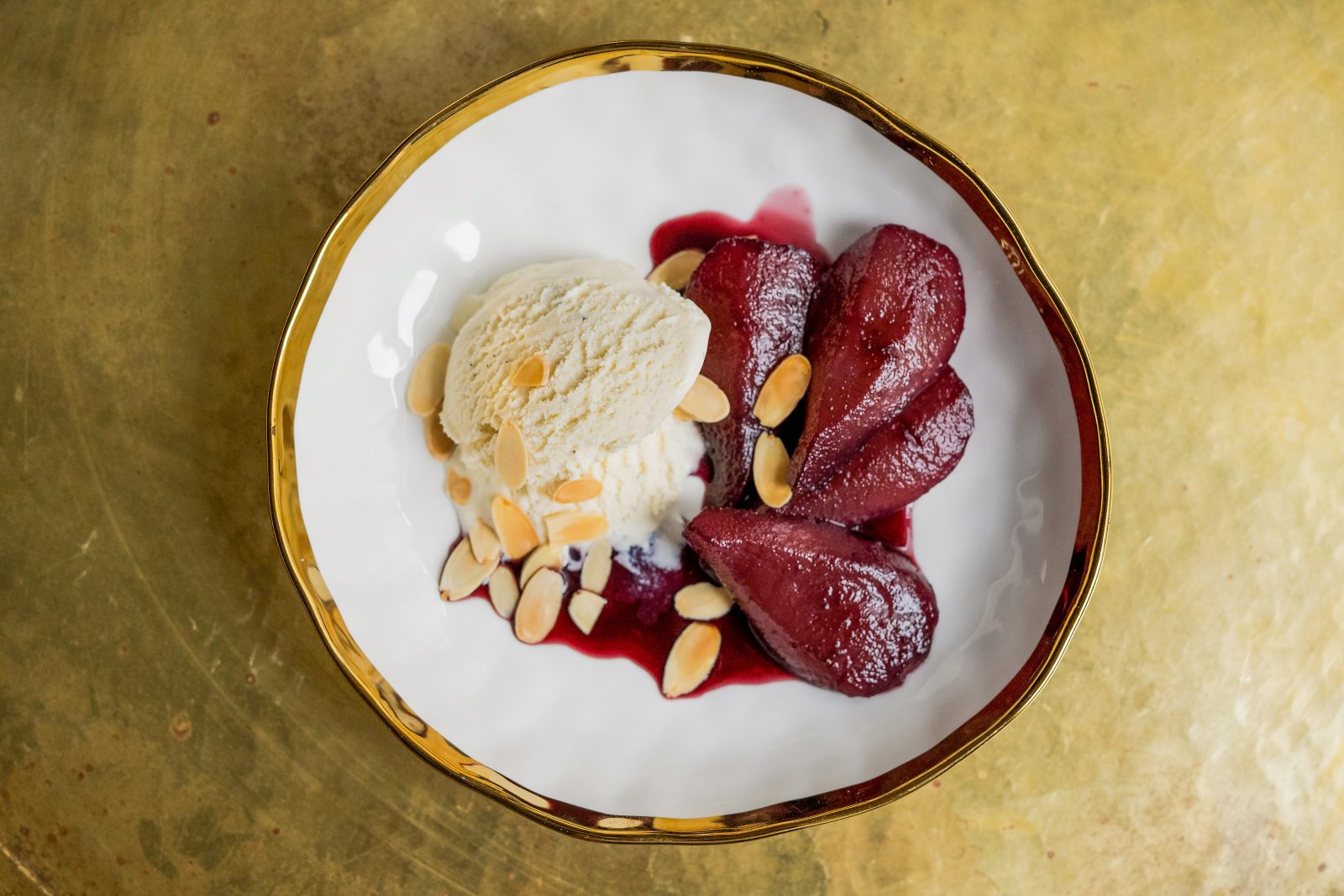 Malbec Poached Pears Ice Cream Toasted Almonds