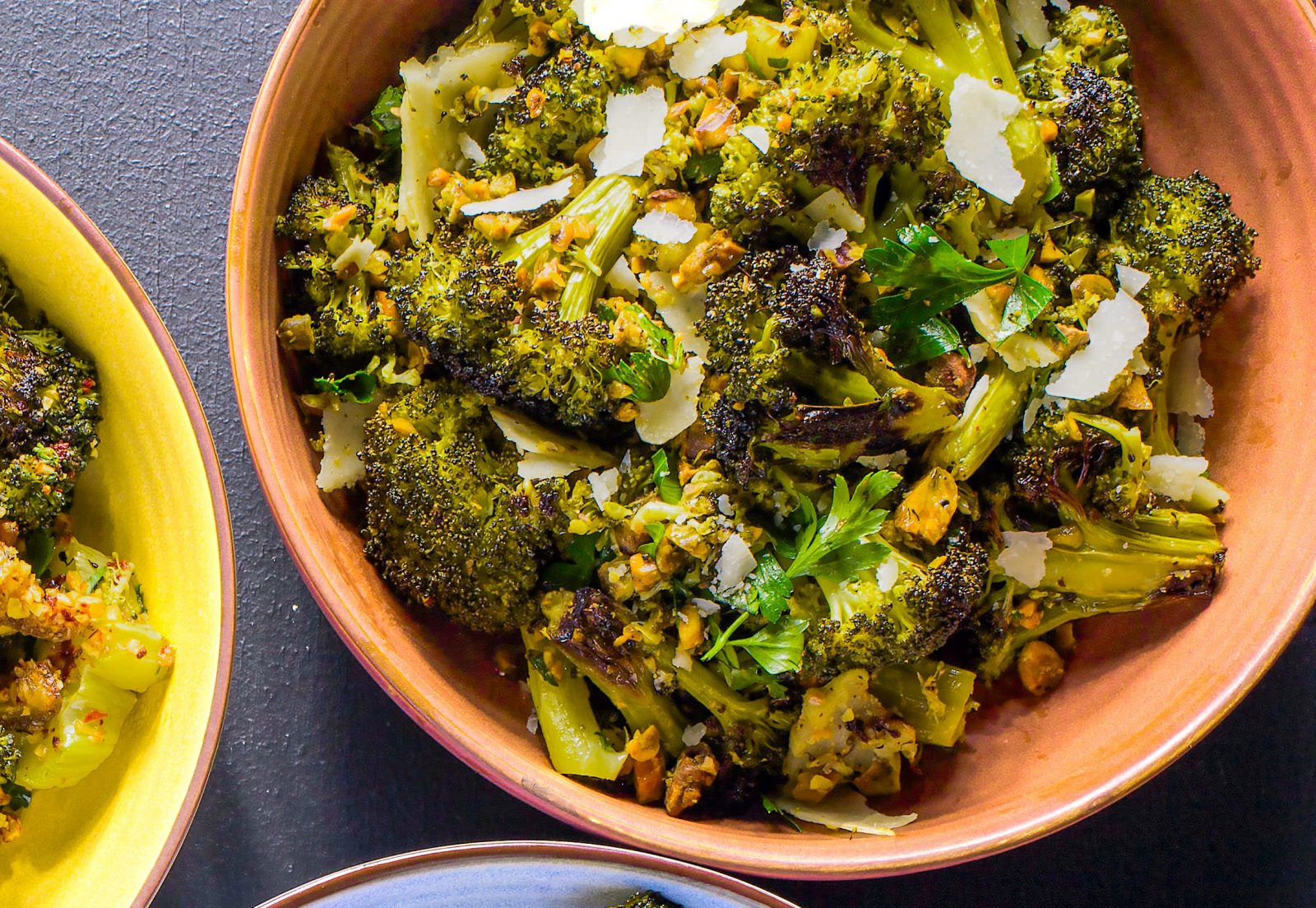 Oven Charred Broccoli Pistachio Parmesan