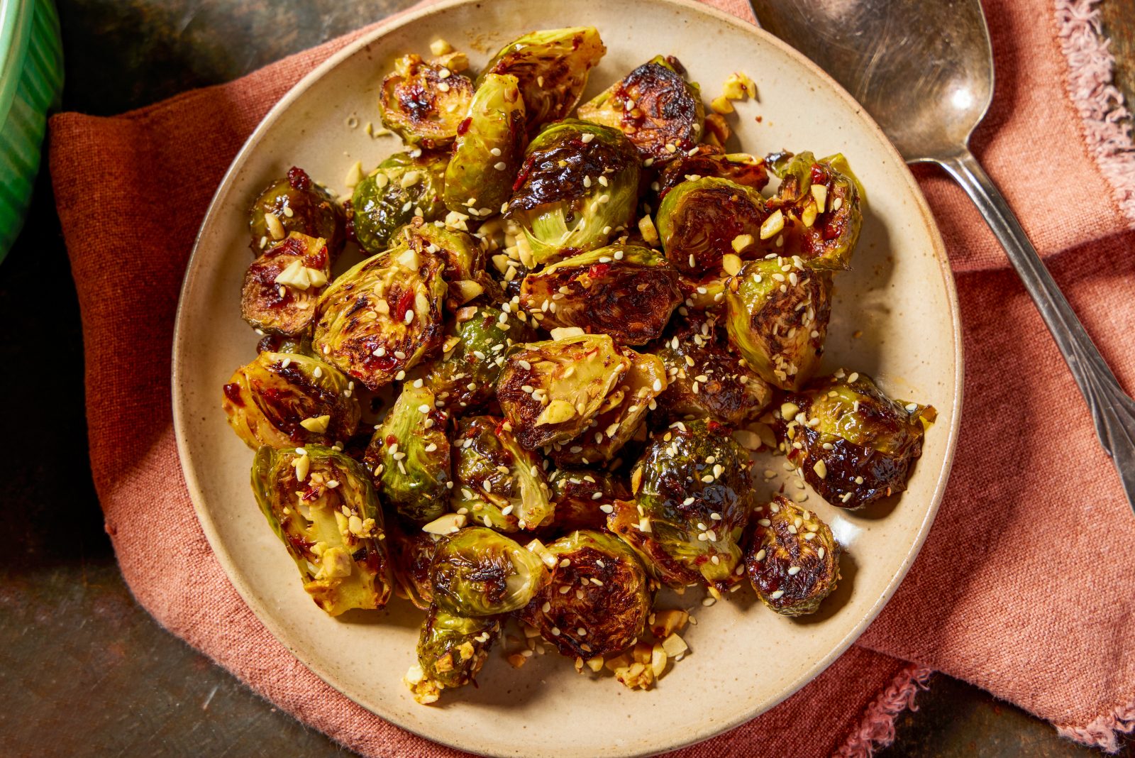 Oven Charred Brussels Sprouts Chipotle Chilies Peanuts