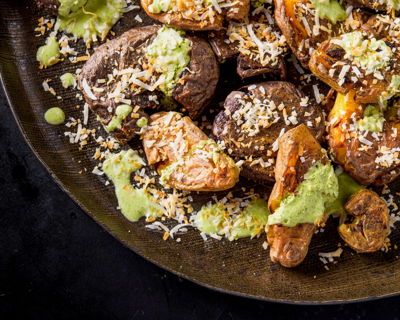 Oven Crisped Smashed Potatoes Cilantro Yogurt Hot Sauce