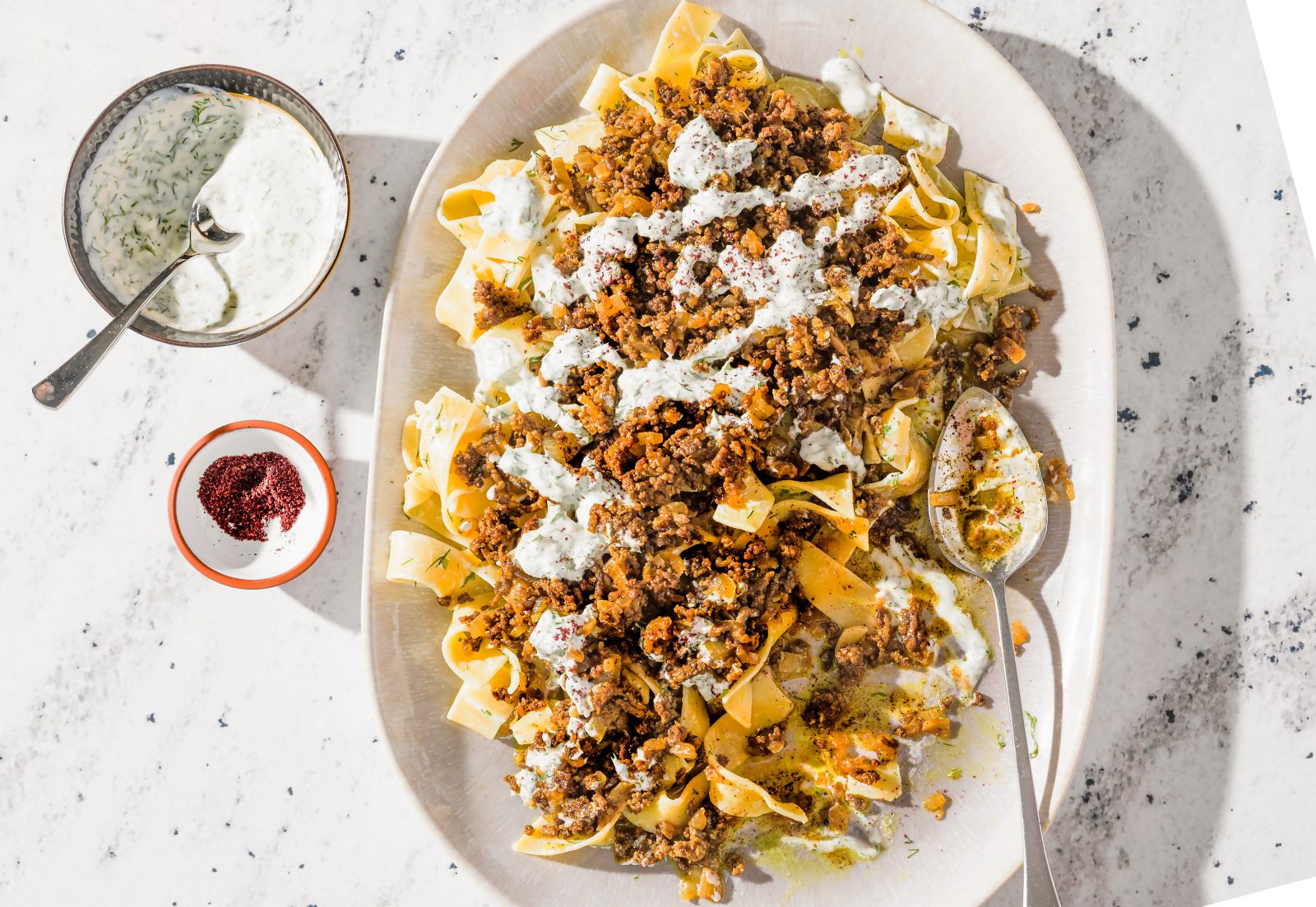Pasta Spiced Beef Caramelized Onions Herbed Yogurt