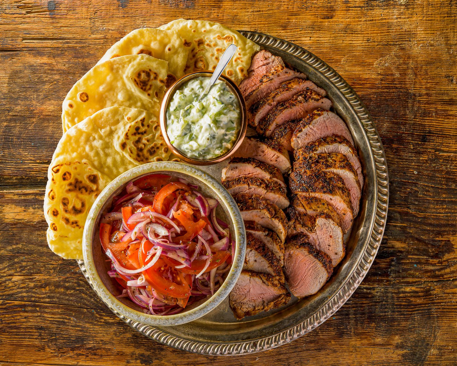 Pork Souvlaki Tomato Onion Salad Tzatziki