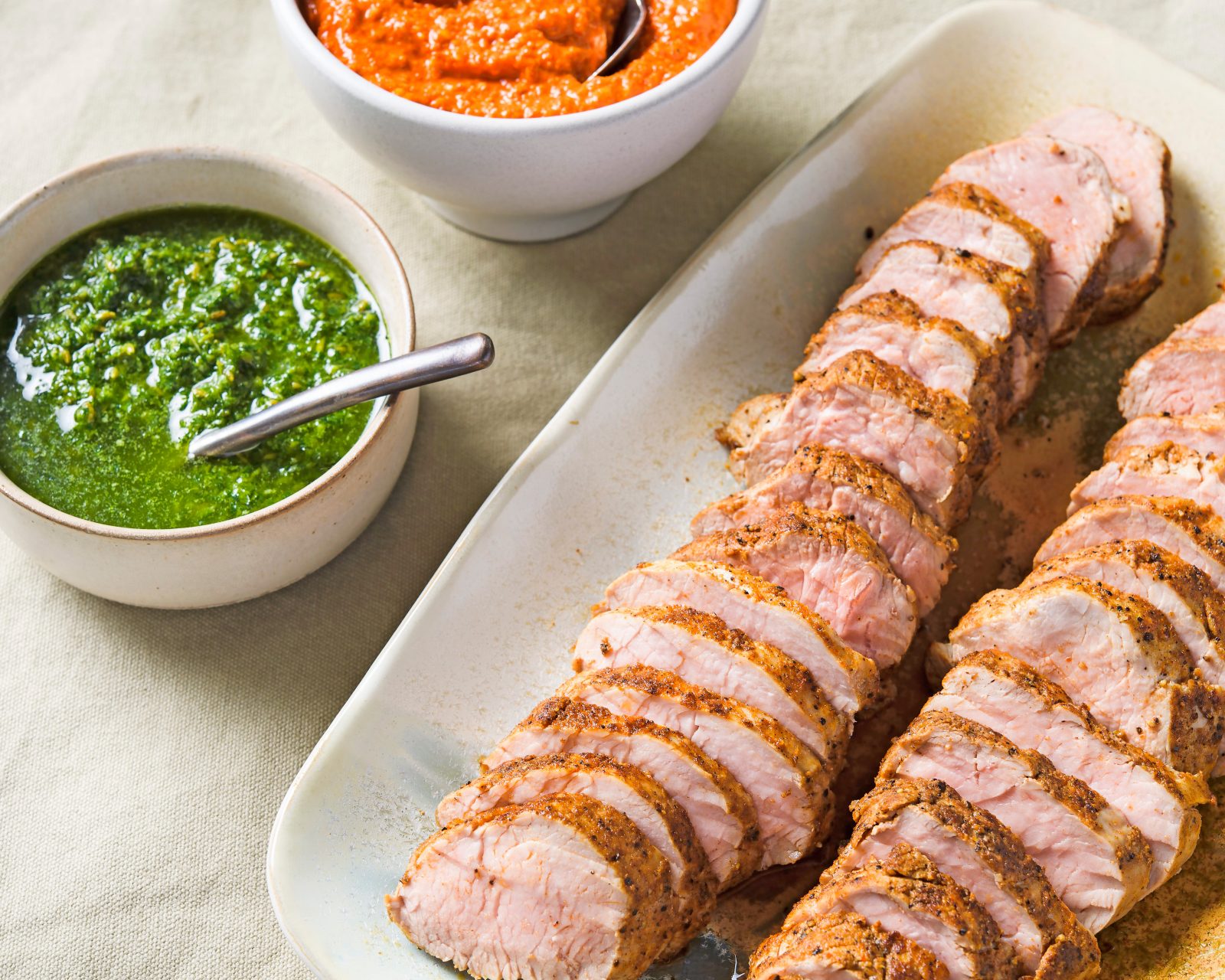 Pork Tenderloin Salsa Verde and Roasted Red Pepper Sauce