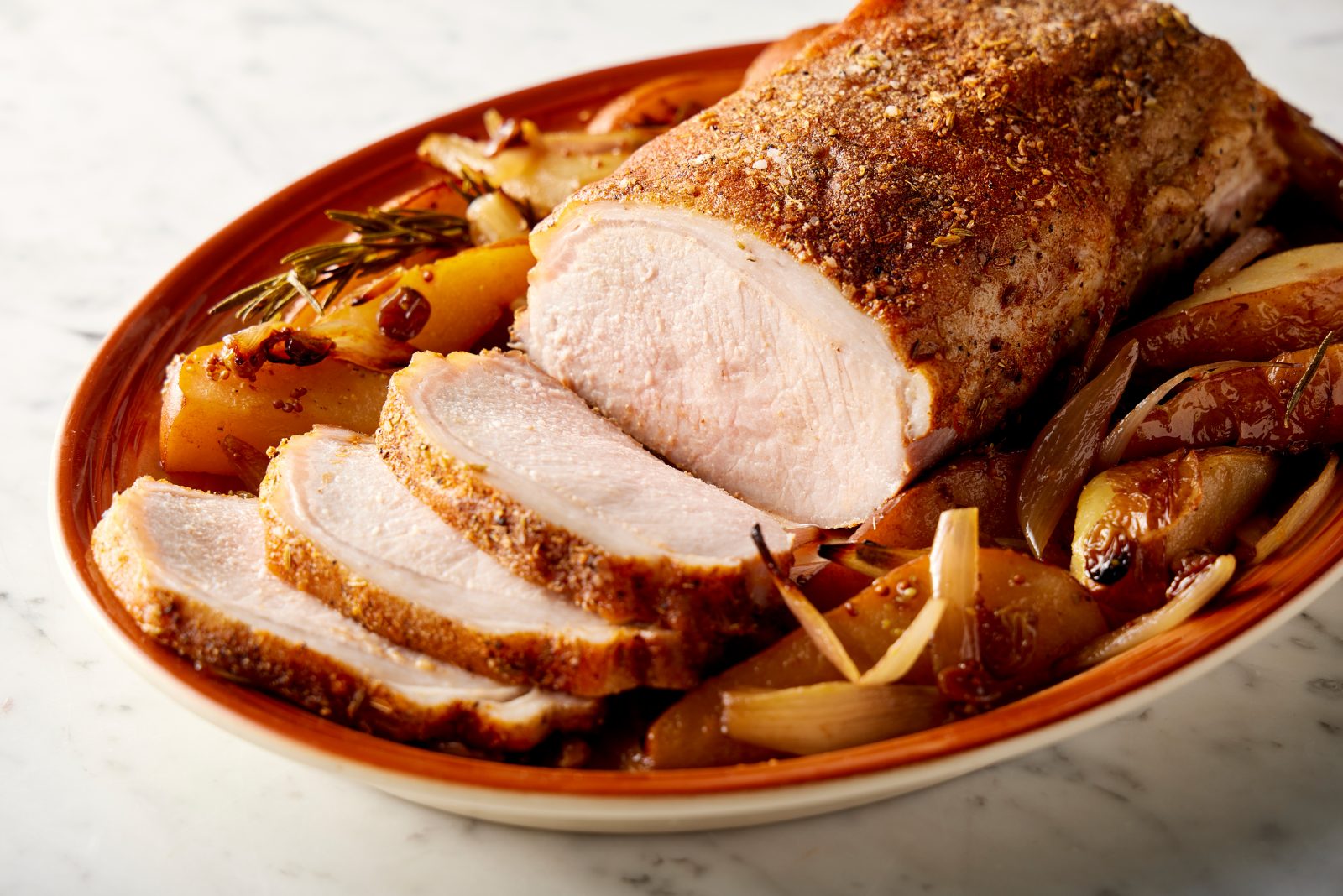 Reverse Seared Pork Loin Roasted Shallots Pears