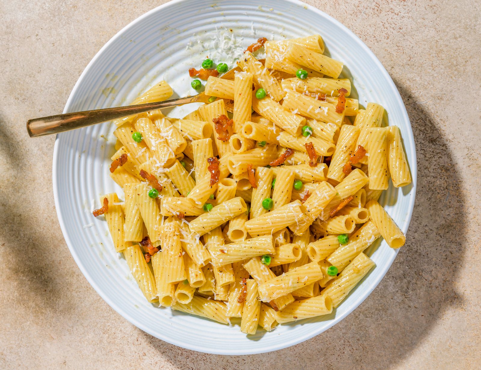 Rigatoni Carbonara Peas