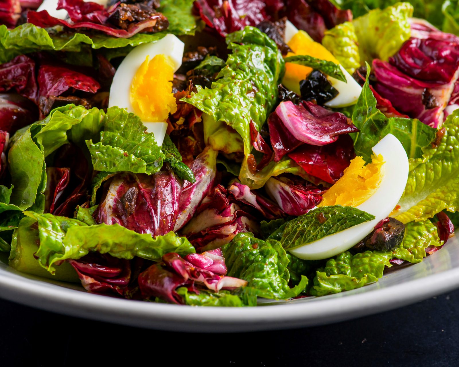 Romaine Radicchio Salad Olives Eggs Pomegranate Vinaigrette