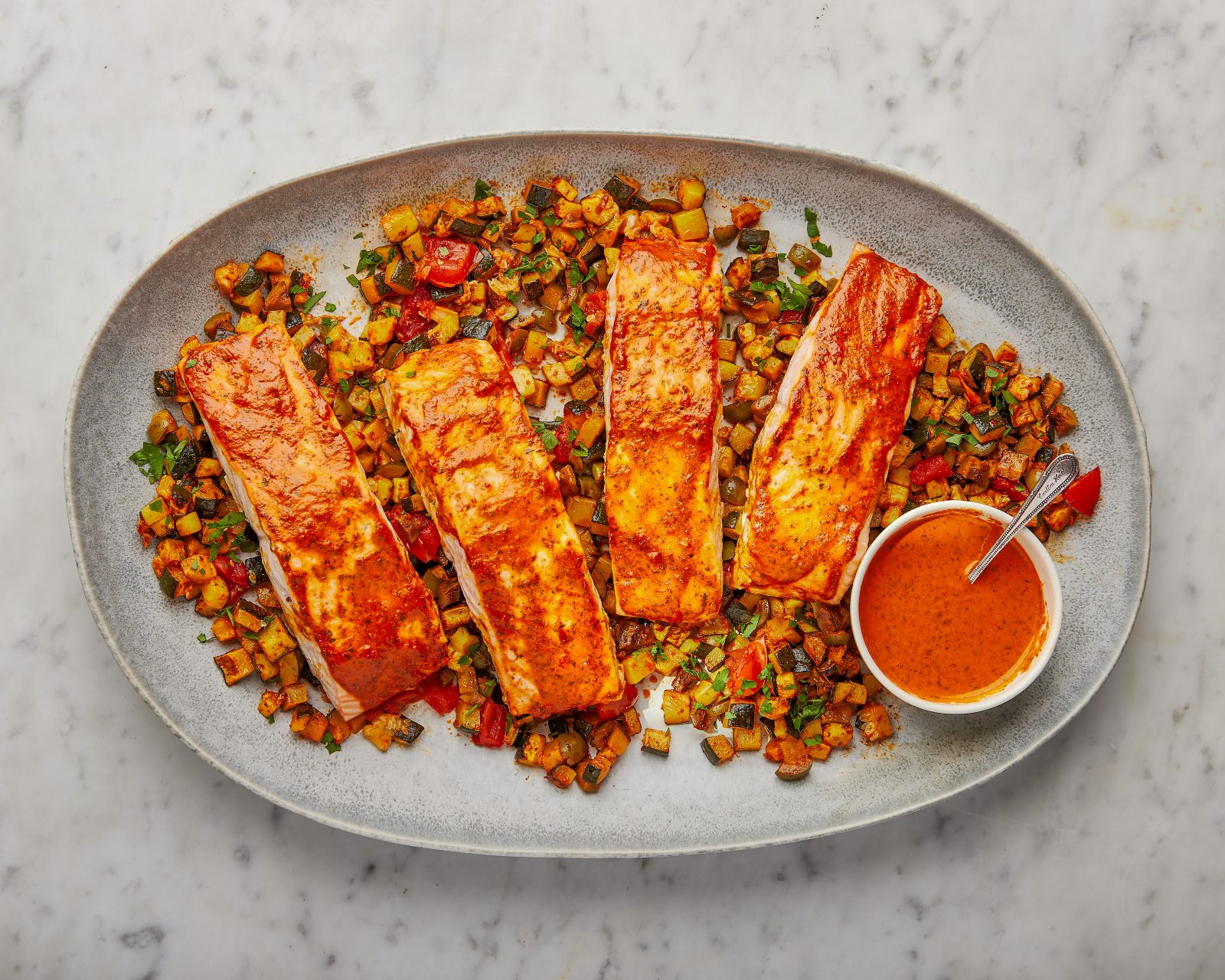 Salmon Traybake Harissa Roasted Pepper Sauce