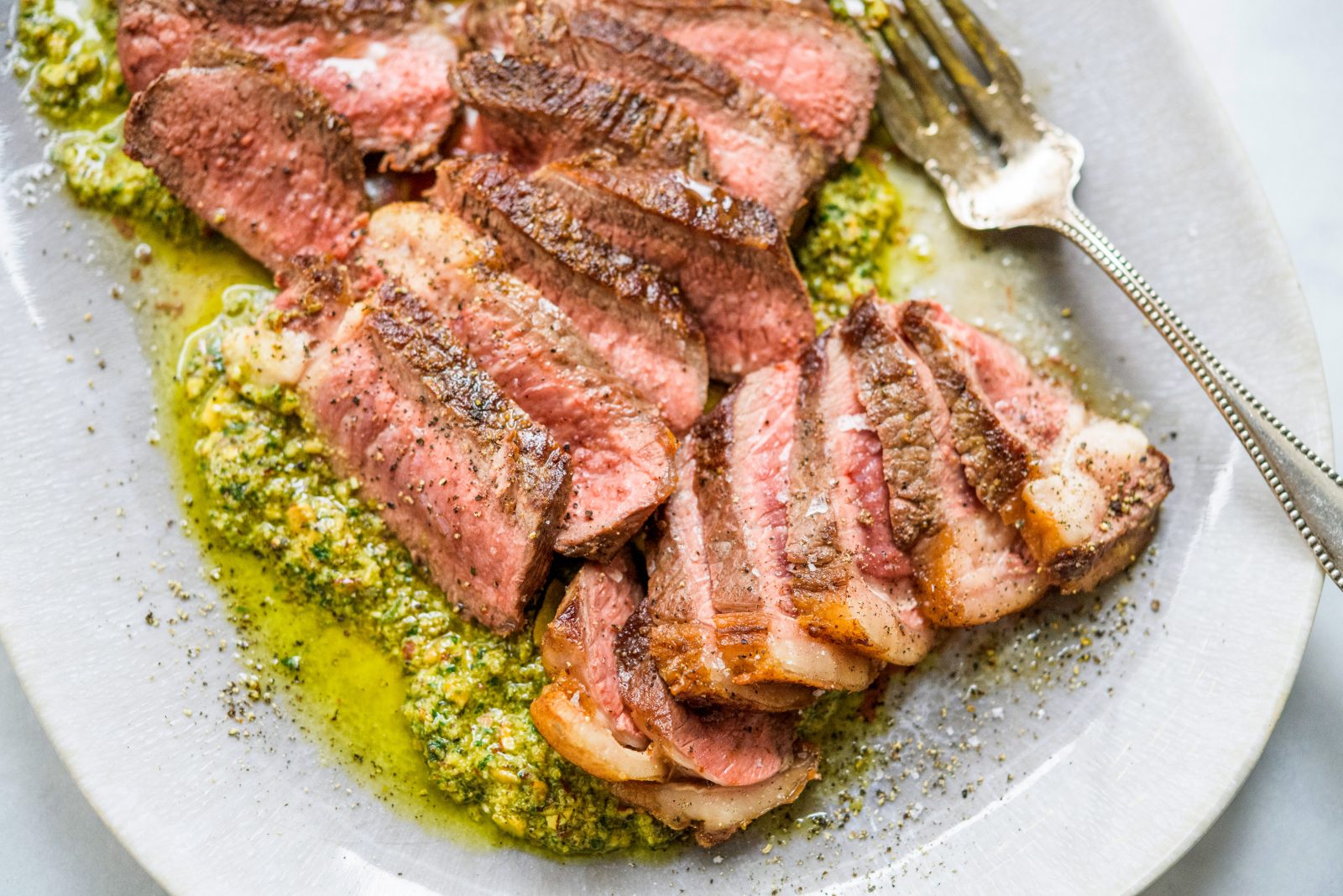 Seared Strip Steak Almond Rosemary Salsa Verde