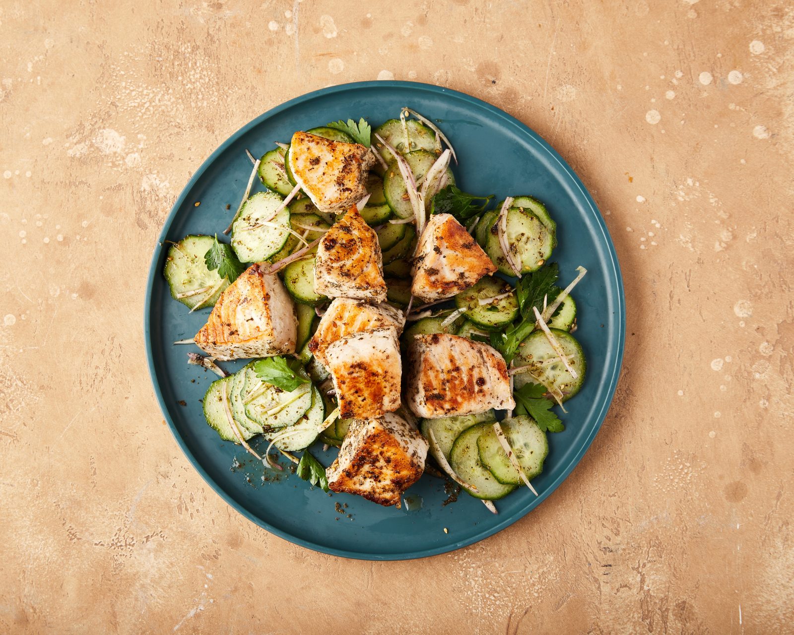 Seared Za atar Swordfish Cucumber Salad