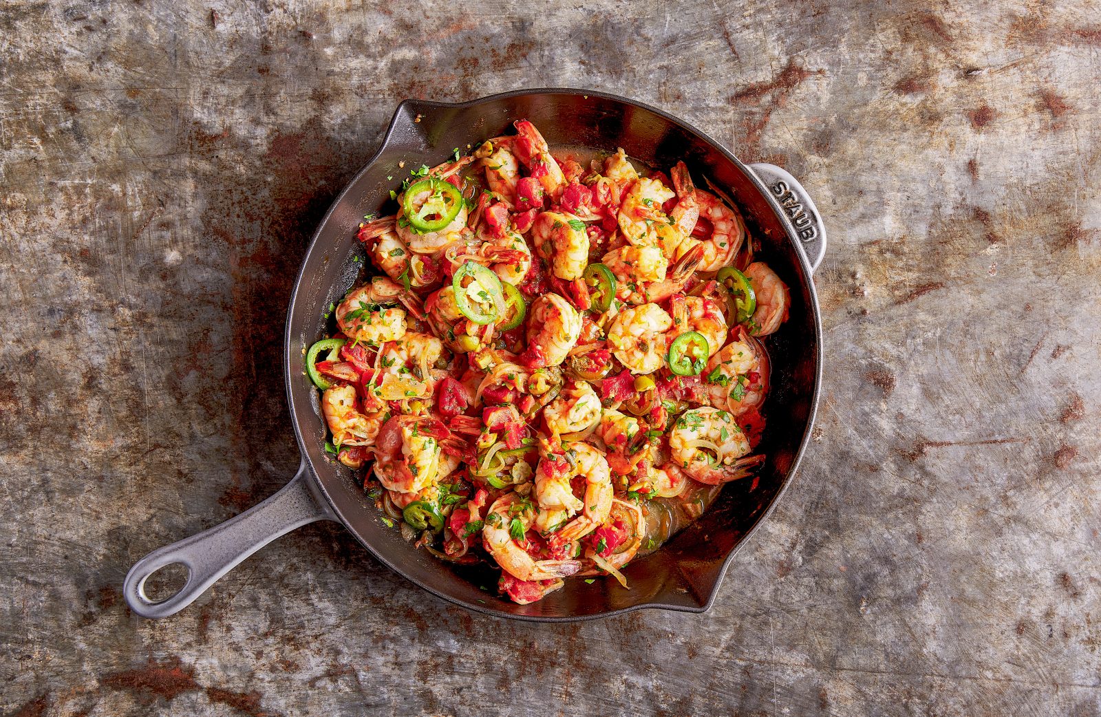 Skillet Shrimp Green Olive Caper Jalapeno Sauce
