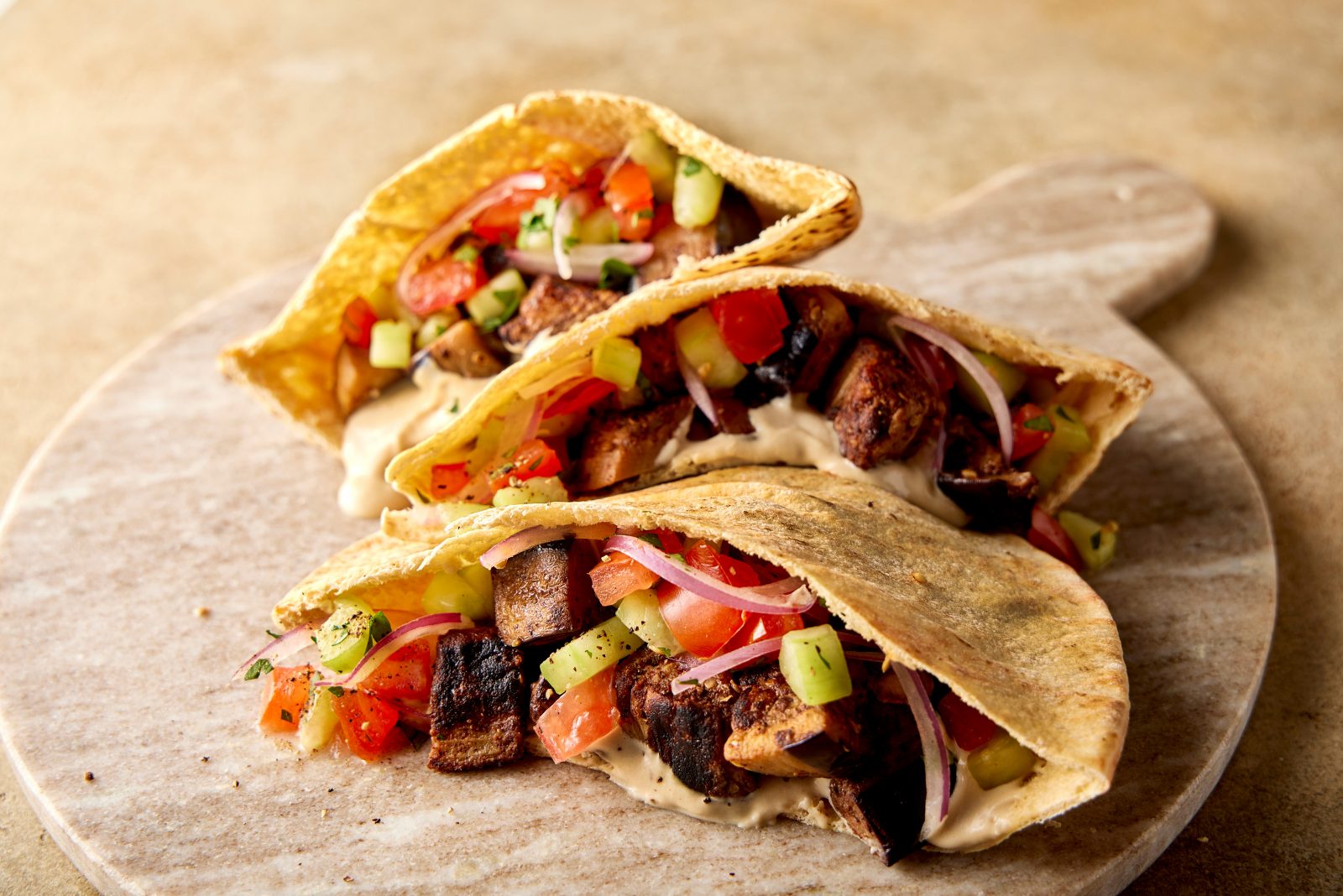 Soaked Seared Eggplant Pita Pockets Tomatoes Tahini
