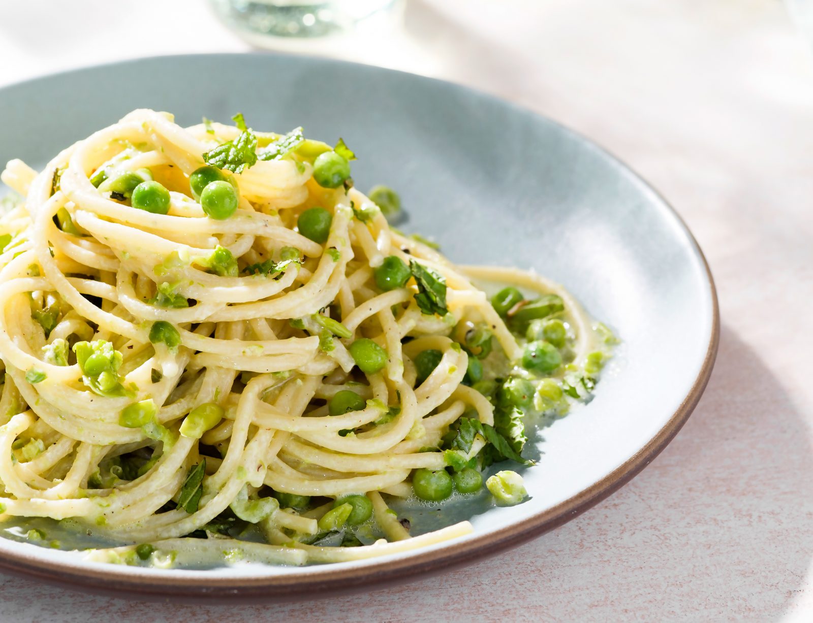 Spaghetti Goat Cheese Mint Peas