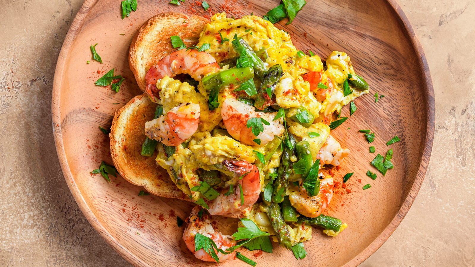 Spanish Scrambled Eggs Shrimp Asparagus FB