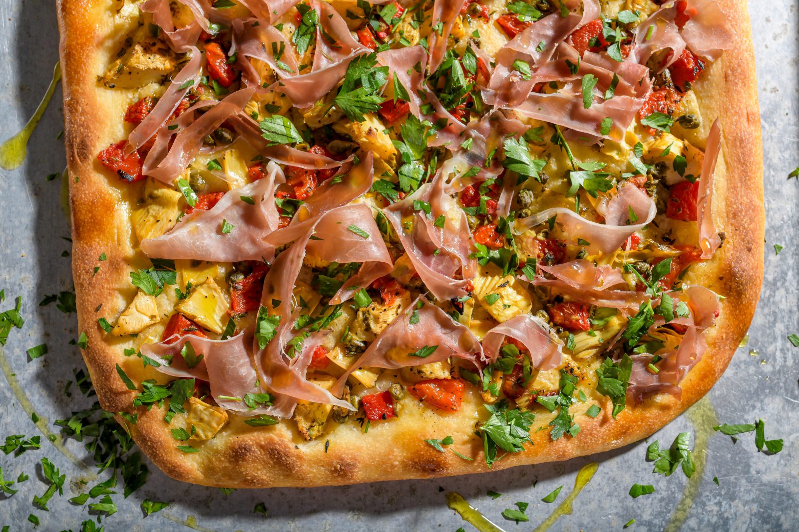 Spanish Style Flatbread Roasted Peppers Artichokes Prosciutto