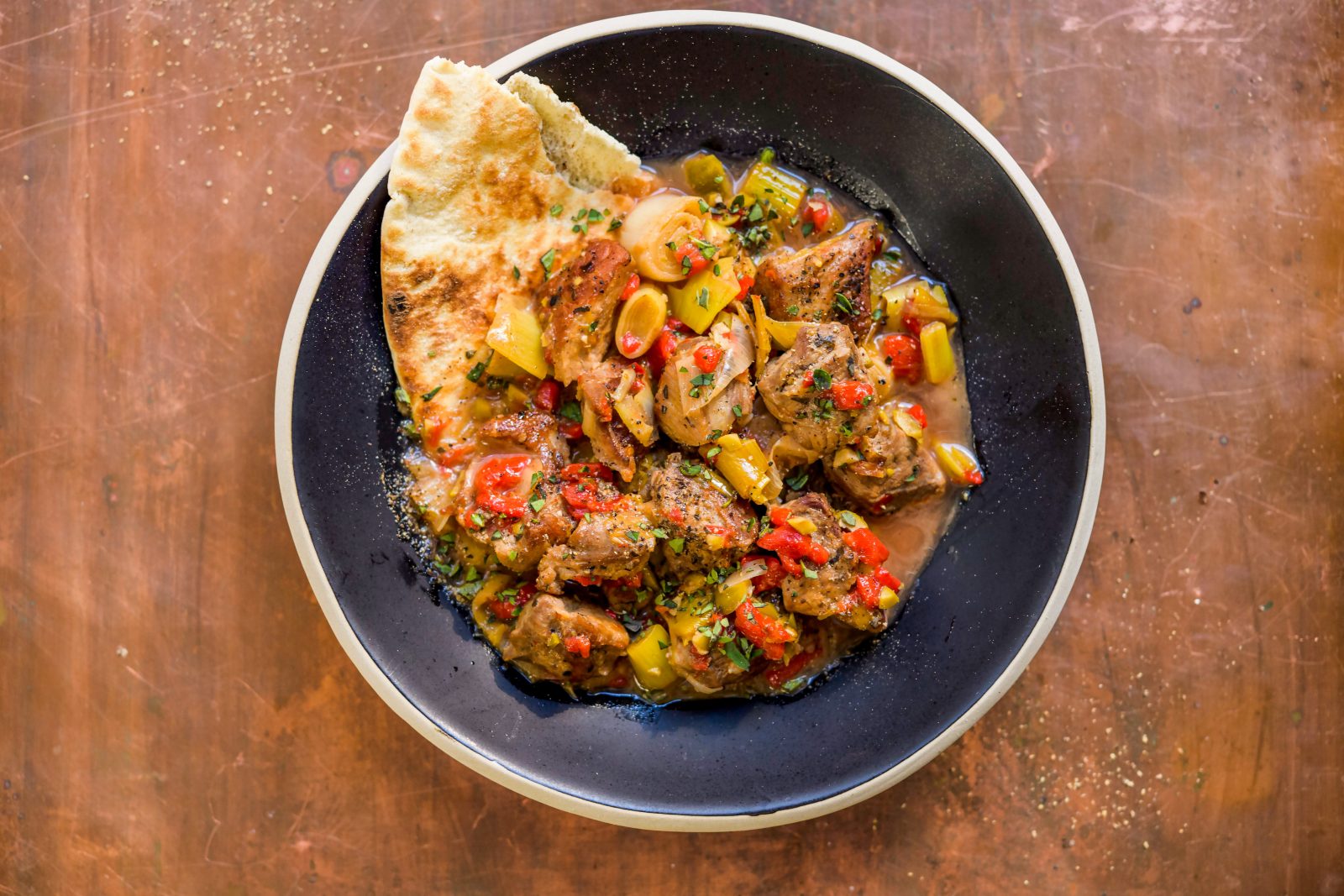 Spicy Pork Leeks Roasted Red Peppers