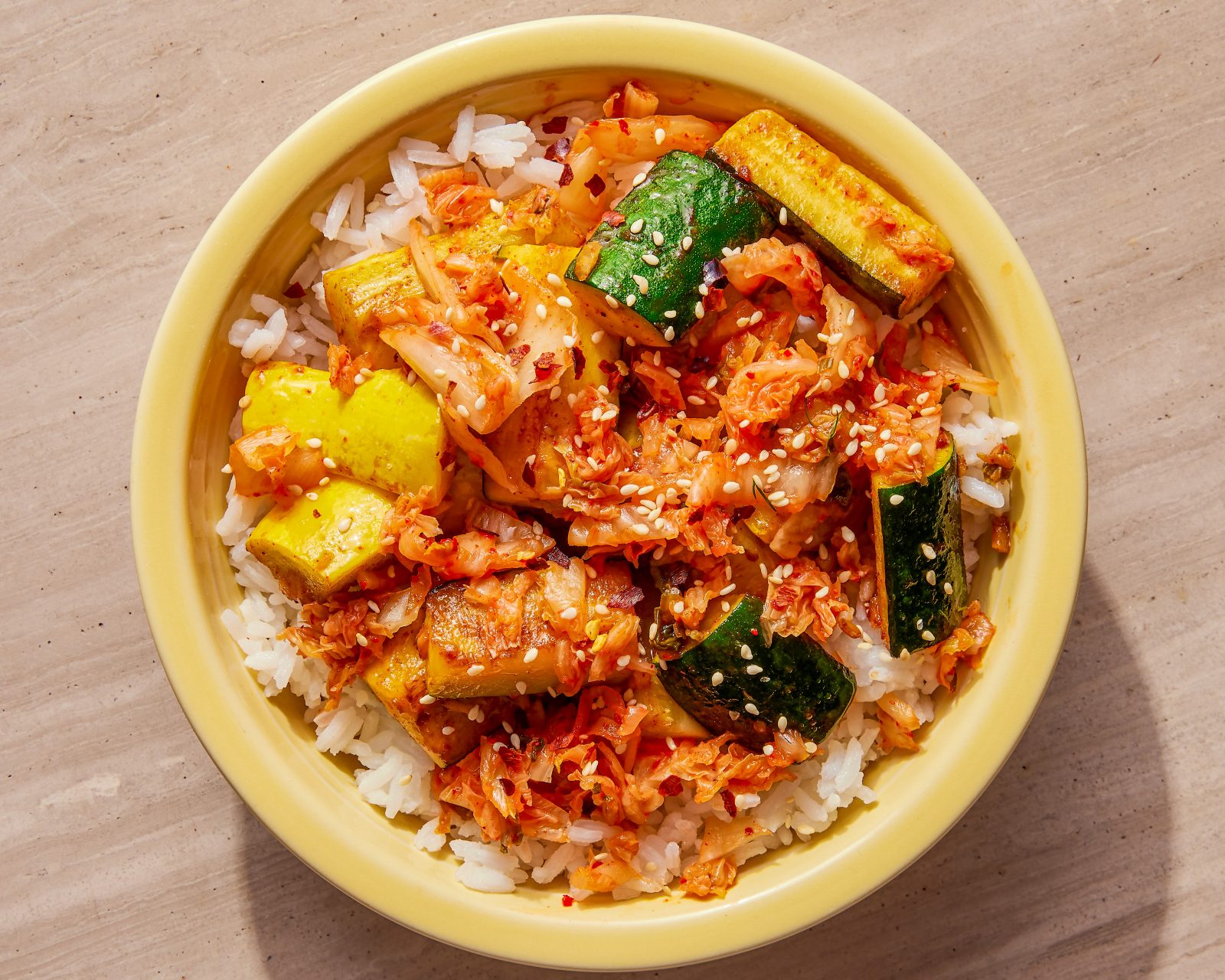 Stir Fried Zucchini Kimchi Rice Bowls