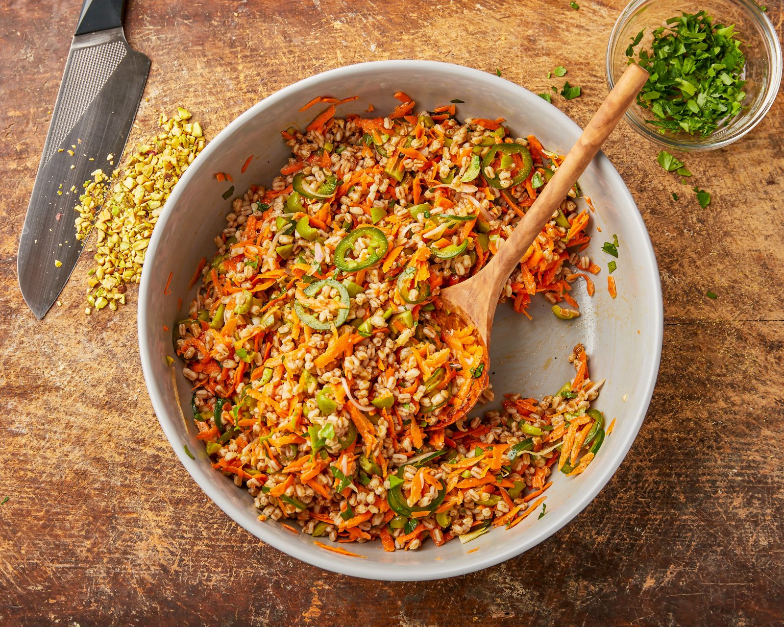 Toasted Farro Pistachios Green Olives Jalapenos