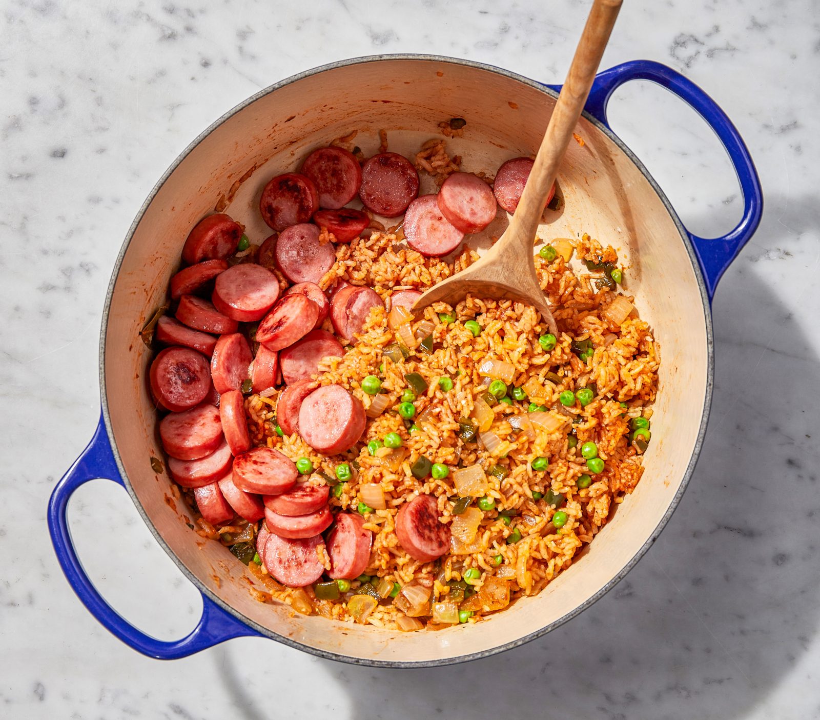 Tomatoey Rice Smoked Sausage Peas