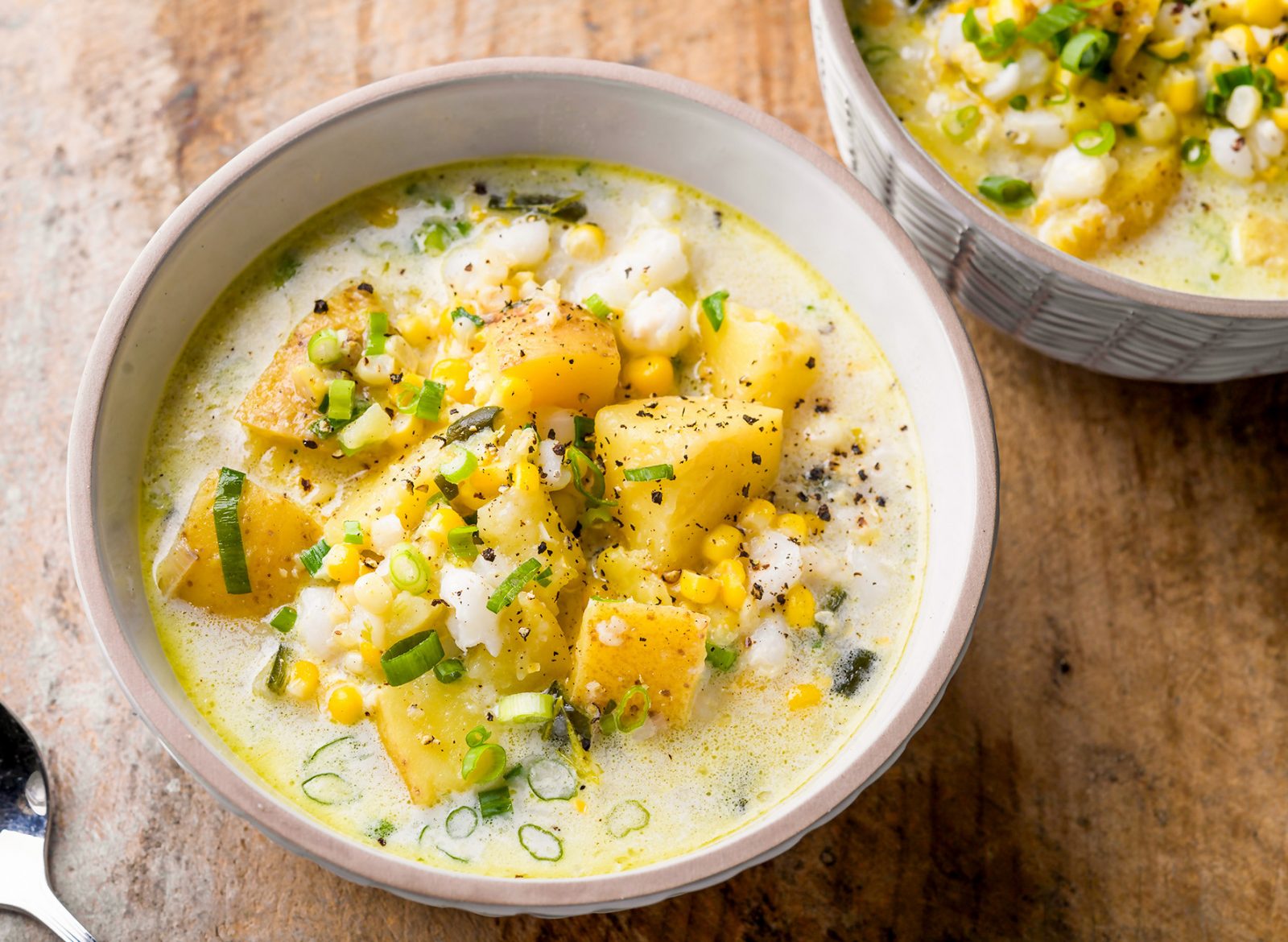 Two Corn Chowder Green Chili Scallions