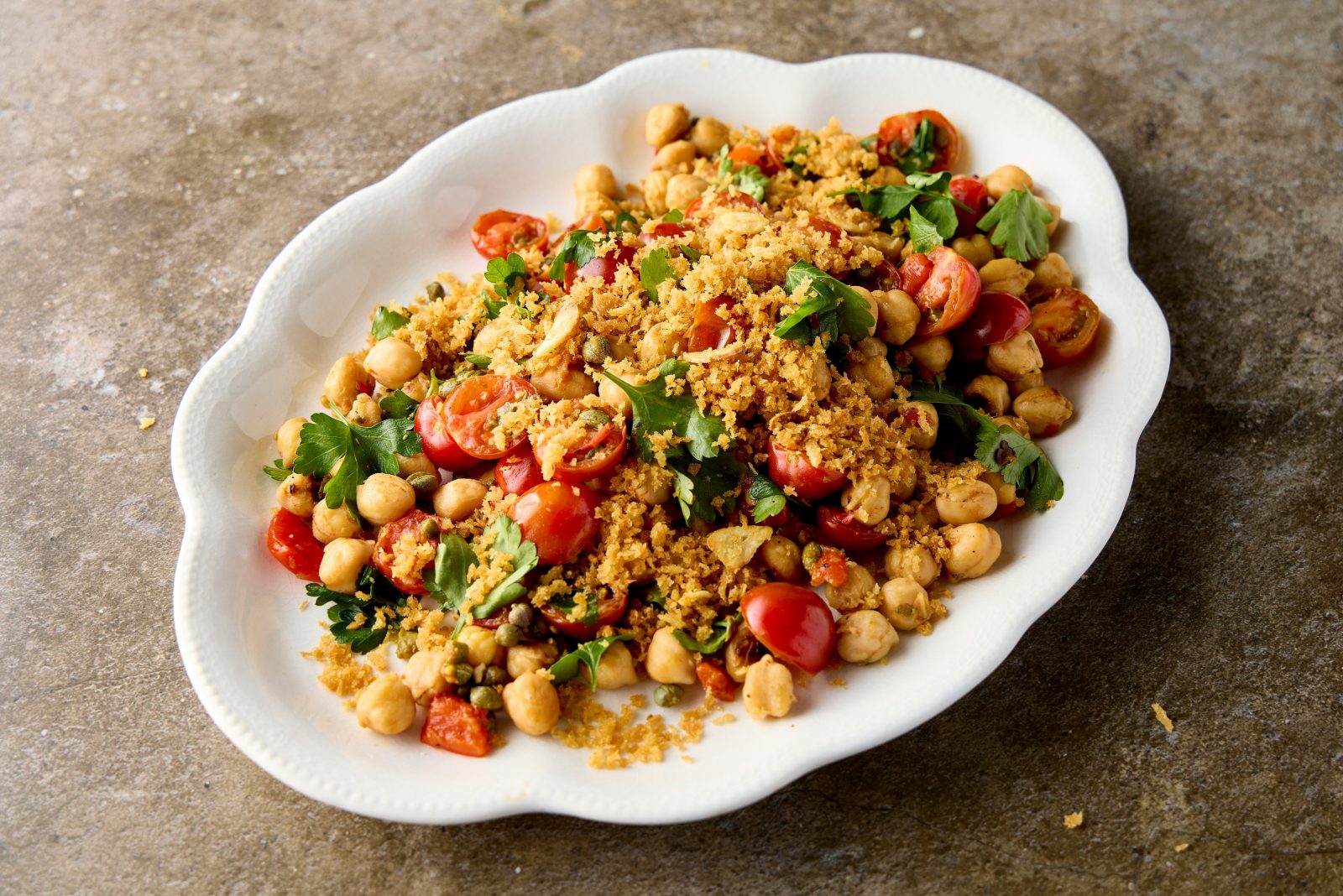 Warm Chickpea Salad Tomatoes Capers Toasted Breadcrumbs