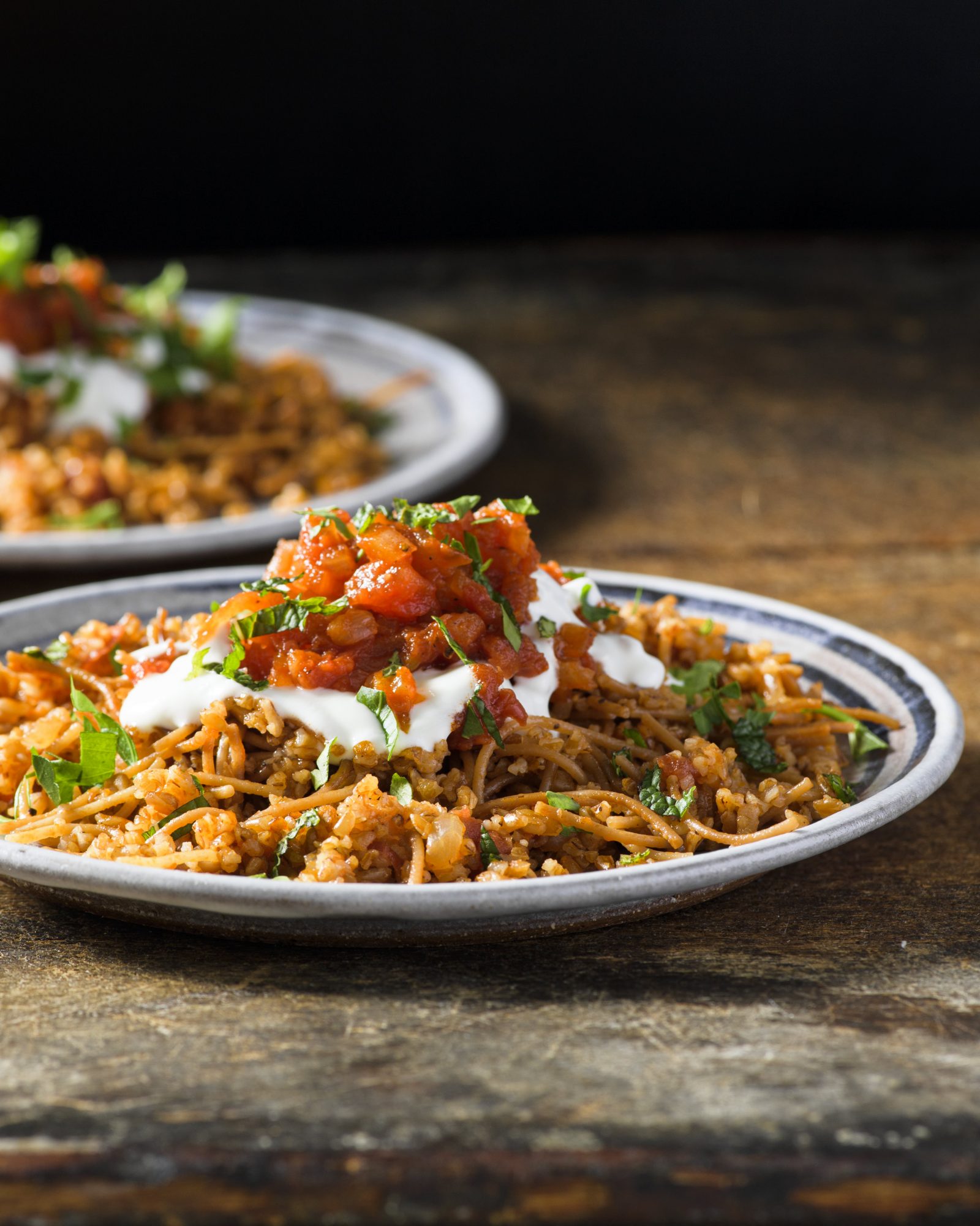 Bulgur vermicelli pilaf tomatoes yogurt herbs v