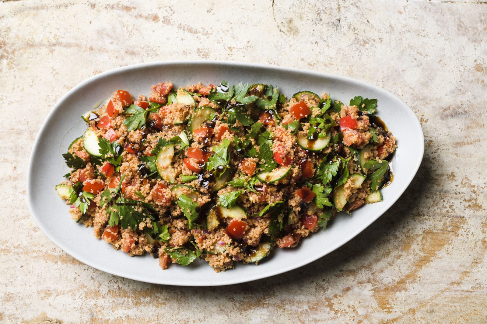 Bulgur salad summer vegetables pomegranate molasses