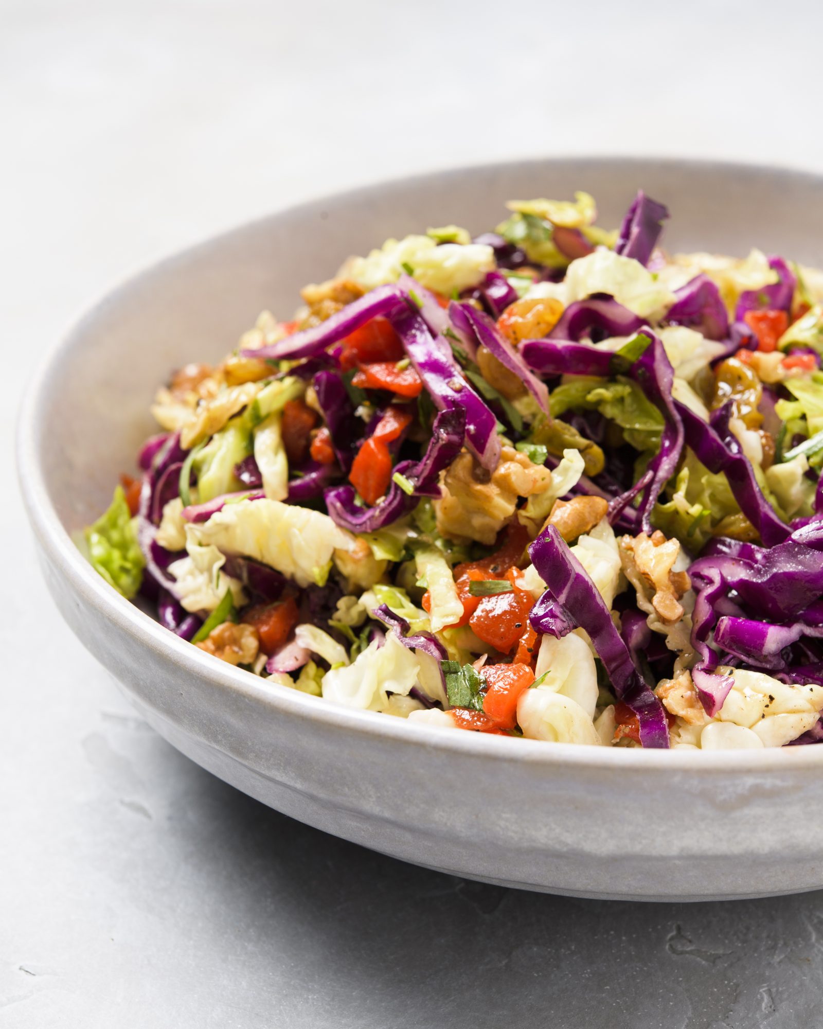Cabbage roasted pepper slaw pickled raisins v