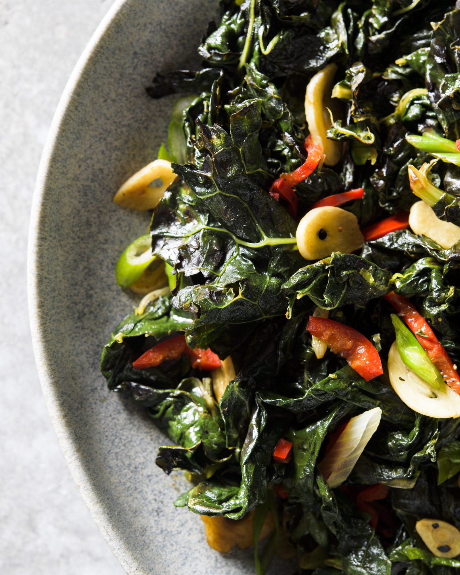 Charred kale garlic chilies lime v
